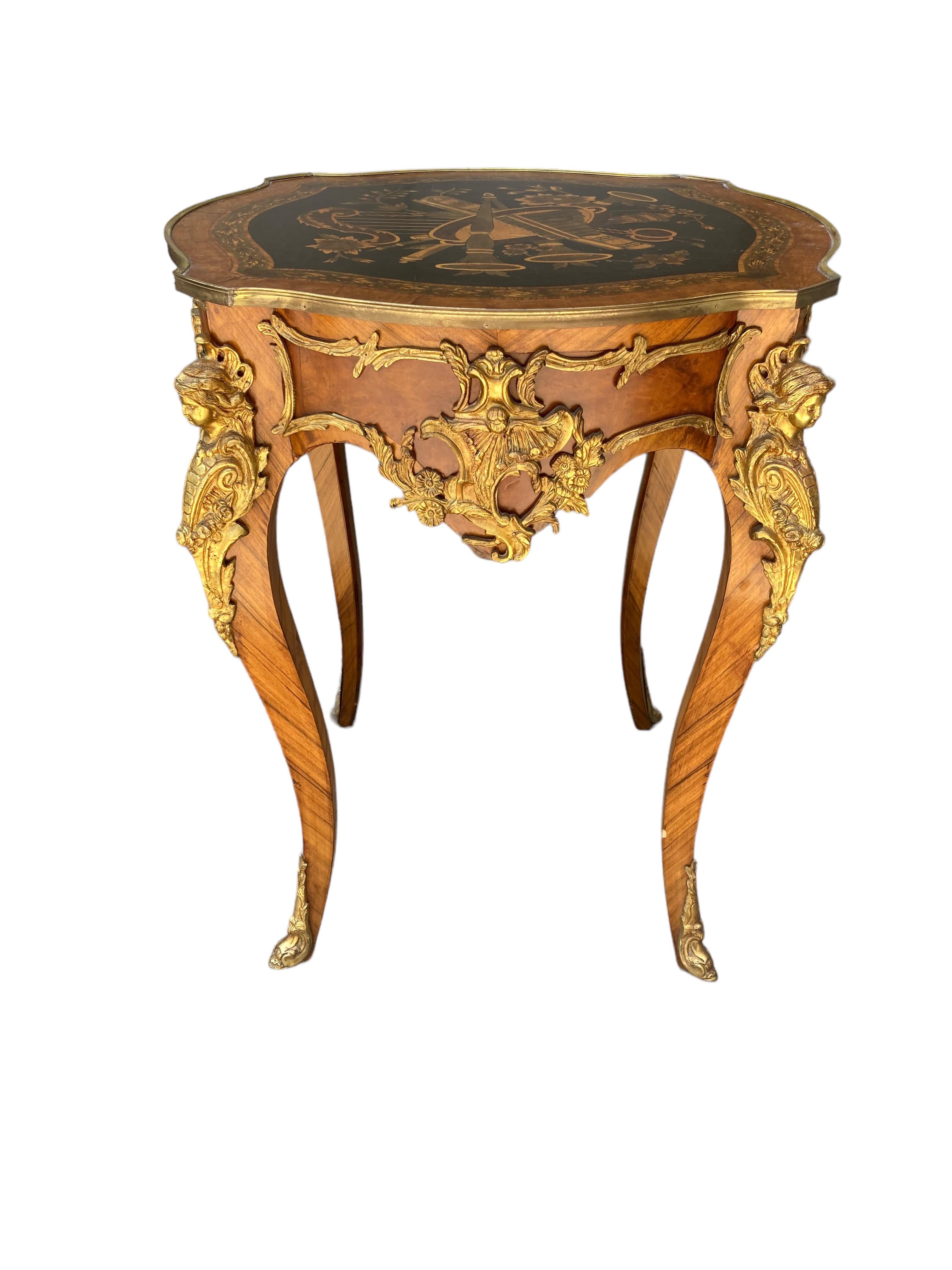 Rococo 1920s French Round Hand Painted Ormolu Side Table