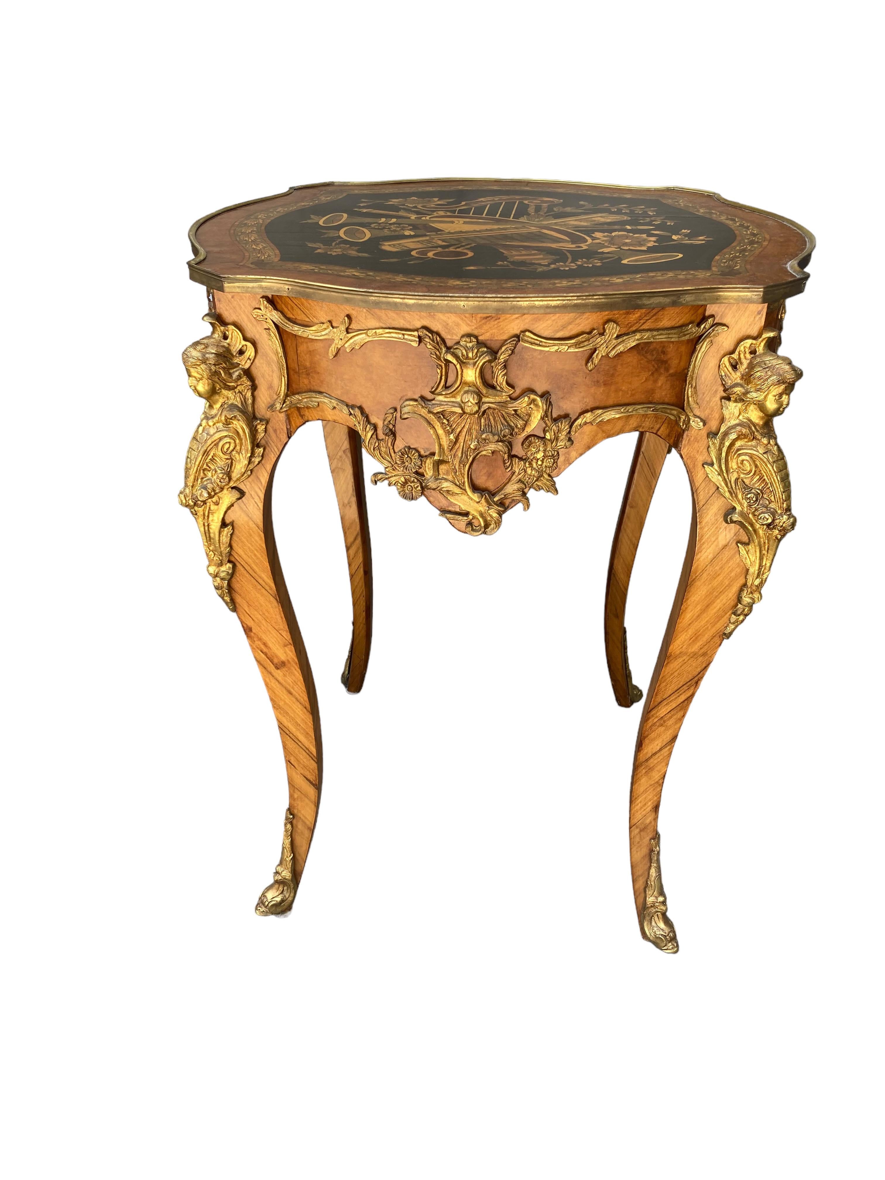 Hand-Carved 1920s French Round Hand Painted Ormolu Side Table