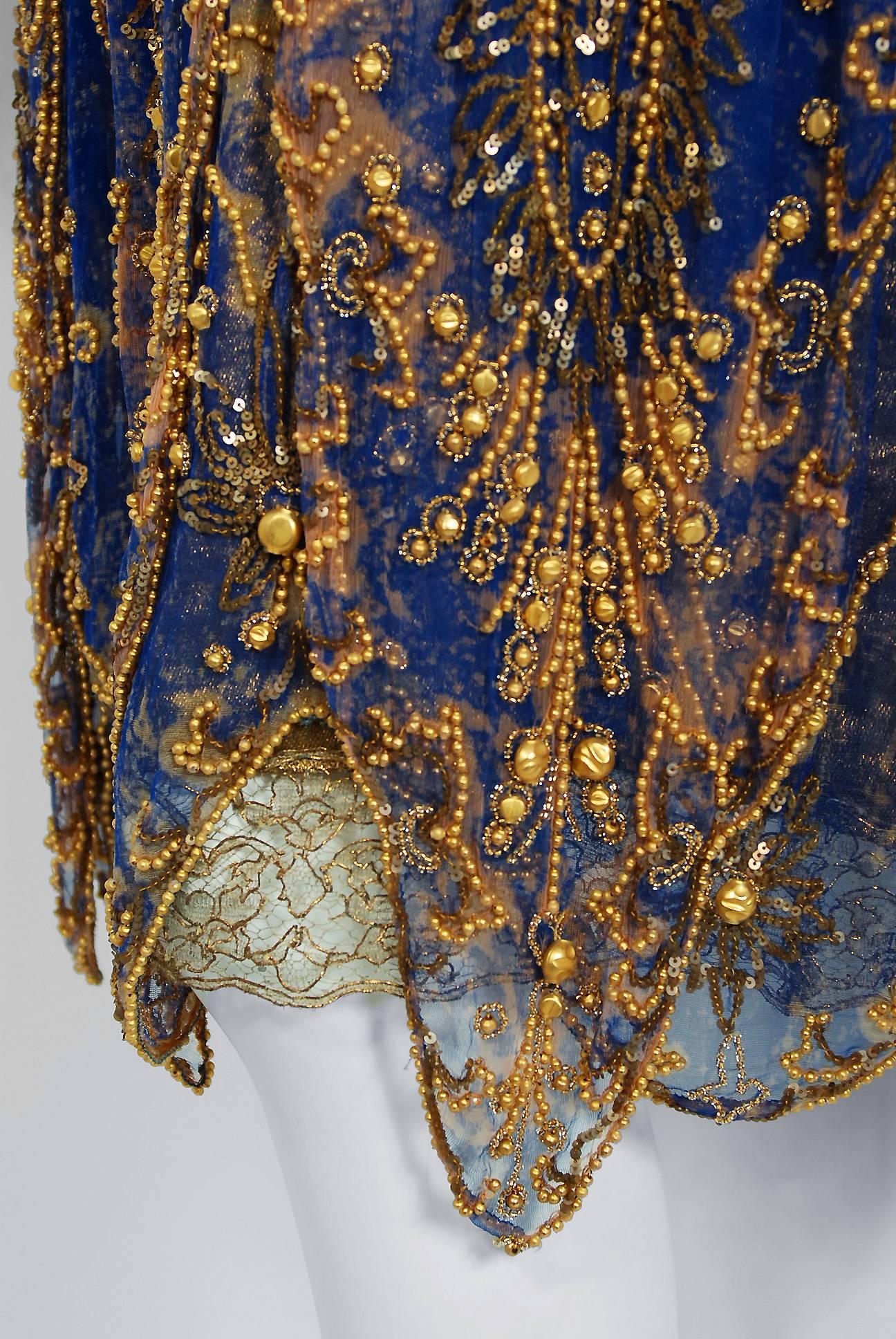 Black 1920's French Royal-Blue Beaded Silk & Metallic Gold Lamé Lace Flapper Dress 