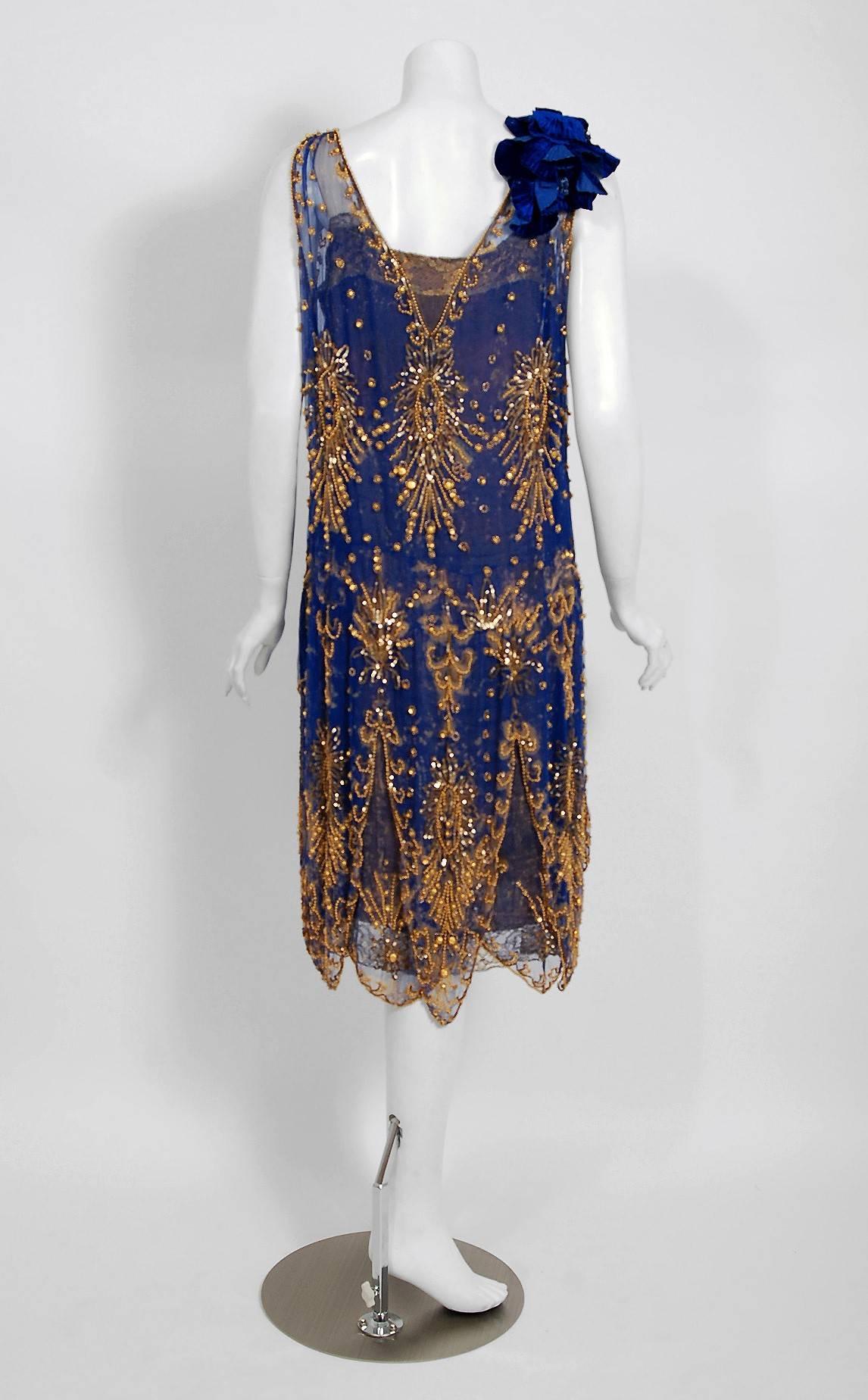 1920's French Royal-Blue Beaded Silk & Metallic Gold Lamé Lace Flapper Dress  In Good Condition In Beverly Hills, CA