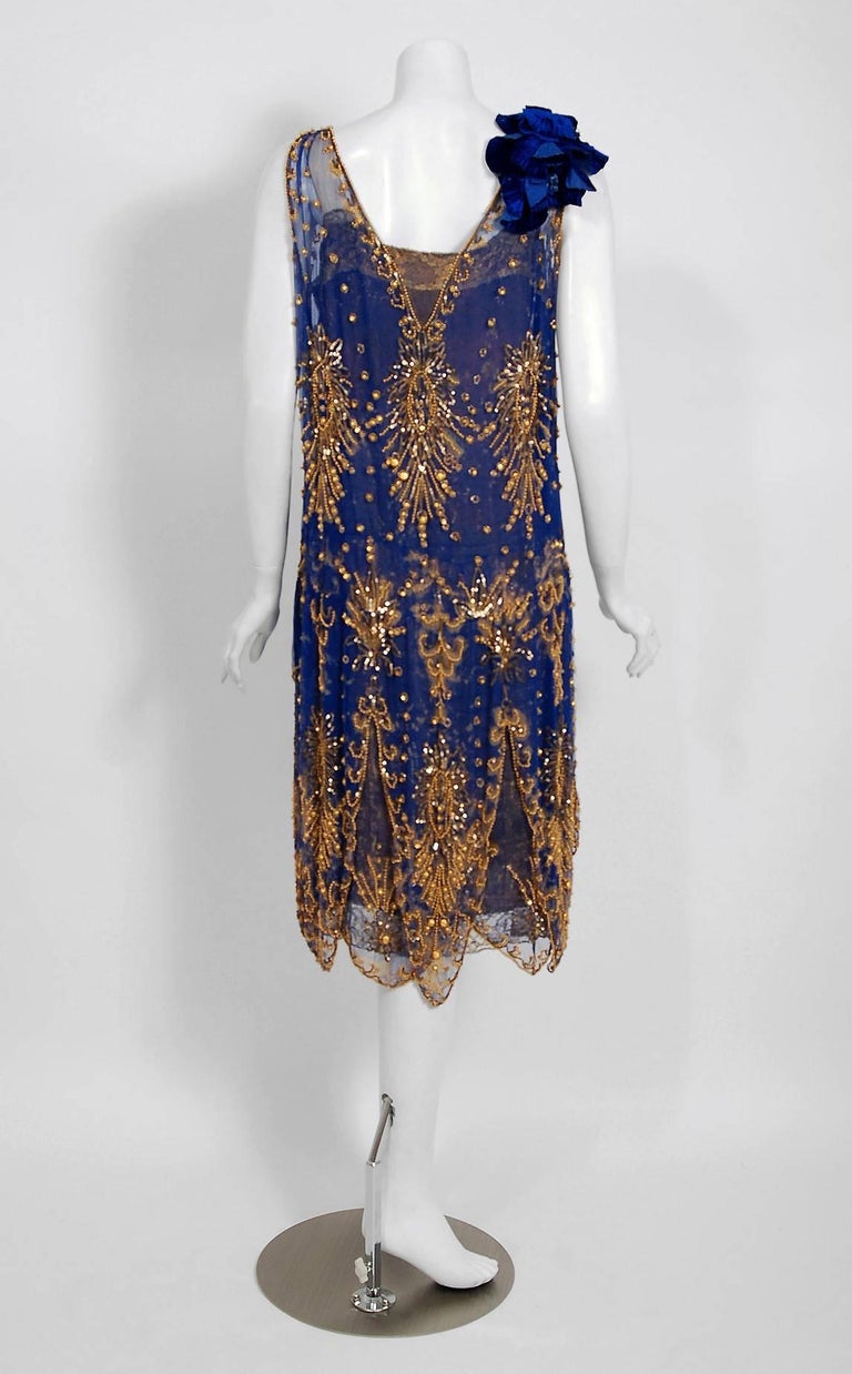 1920's French Royal-Blue Beaded Silk and Metallic Gold Lam Lace Flapper  Dress at 1stDibs | french royal blue, french royal clothing, french royal  dress