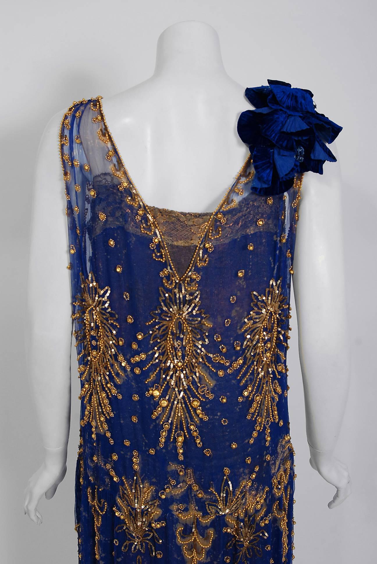 1920's French Royal-Blue Beaded Silk and Metallic Gold Lamé Lace ...