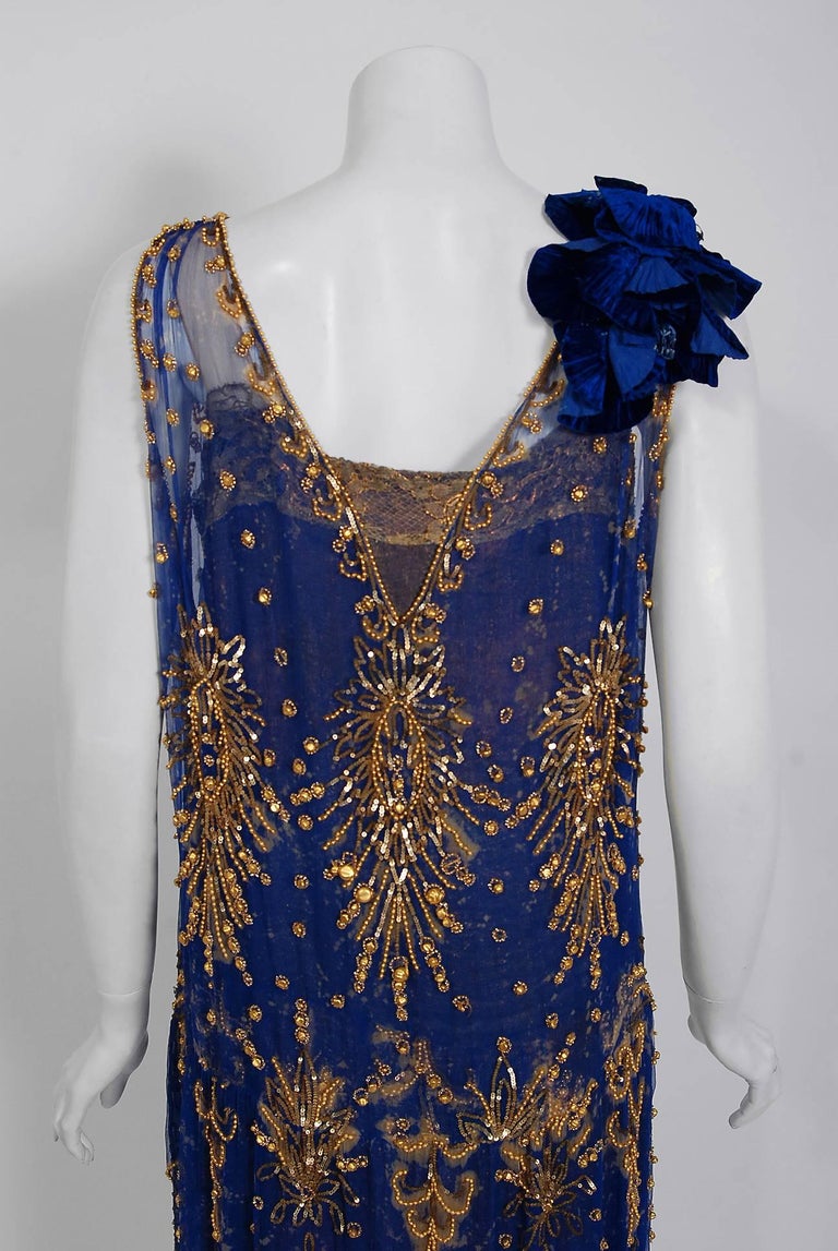 1920's French Royal-Blue Beaded Silk and Metallic Gold Lam Lace Flapper  Dress at 1stDibs | french royal blue, french royal clothing, french royal  dress