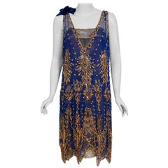 1920's French Royal-Blue Beaded Silk & Metallic Gold Lamé Lace Flapper Dress 
