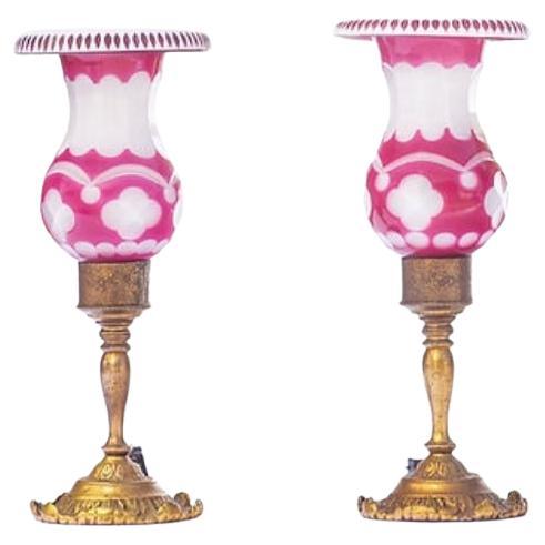 Lampade francesi del 1920 in rubino e bronzo opalino