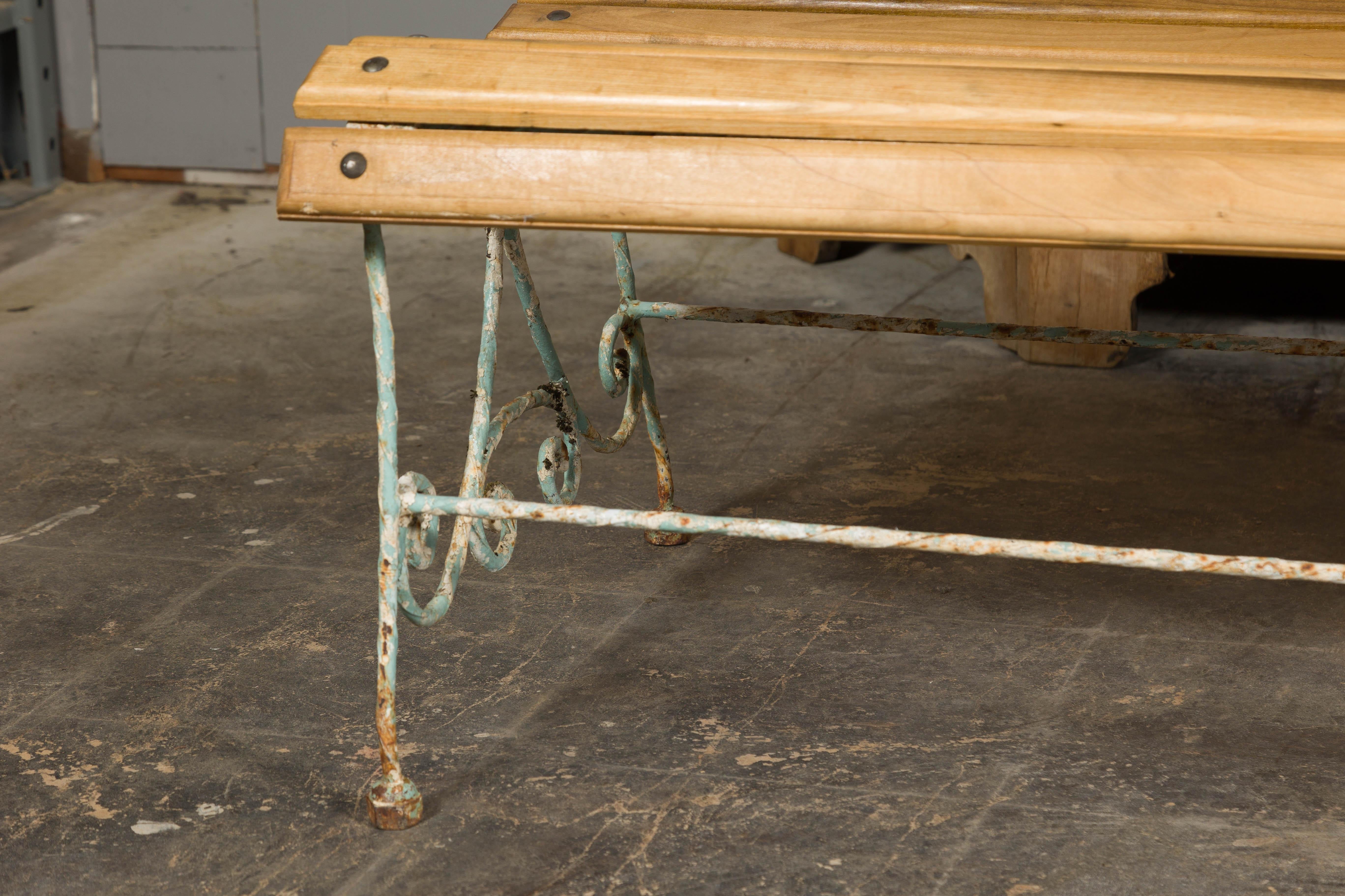 1920s French Rustic Iron Garden Bench with Scrolling Motifs and Slatted Seat For Sale 5
