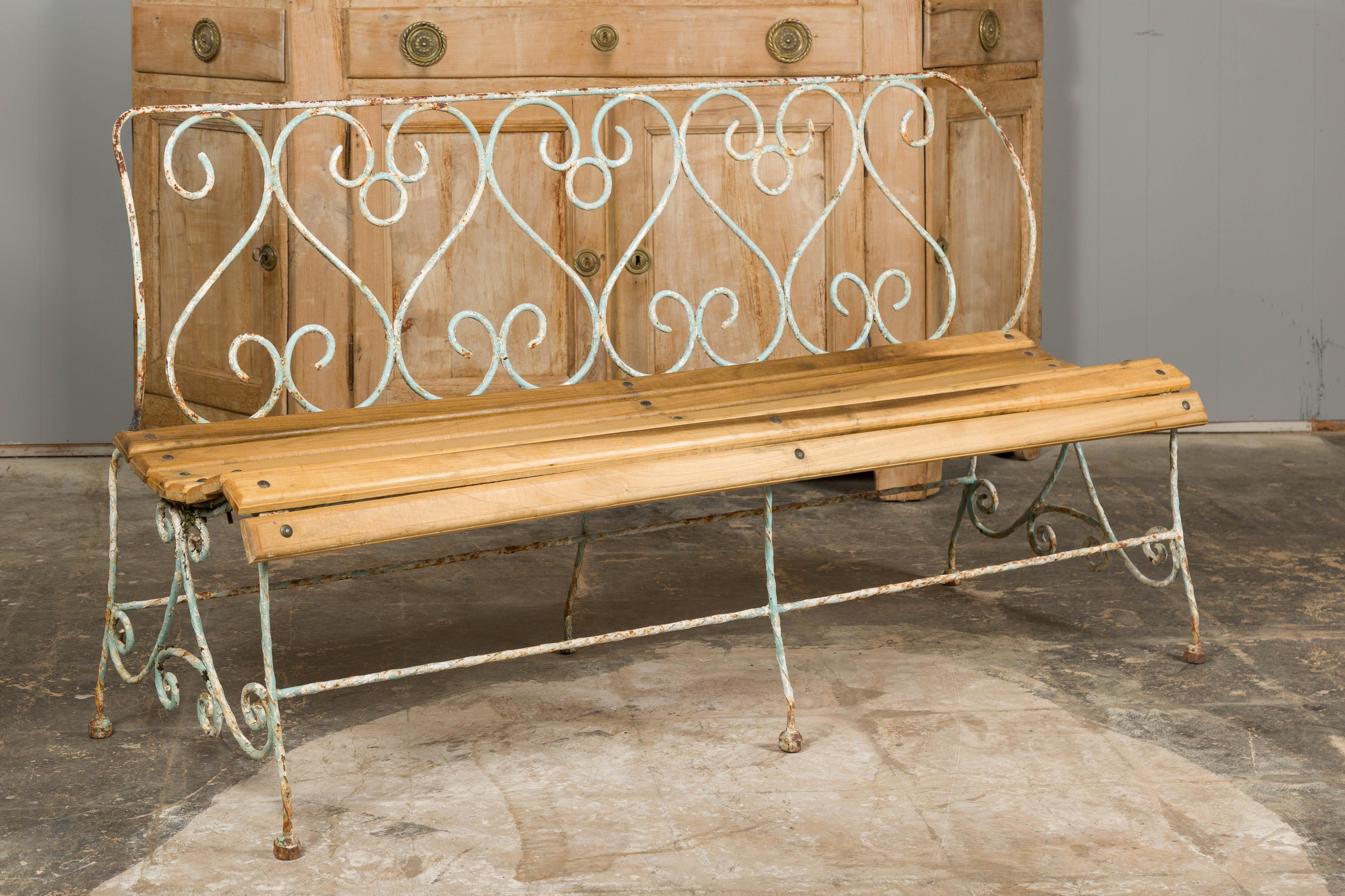 1920s French Rustic Iron Garden Bench with Scrolling Motifs and Slatted Seat For Sale 7