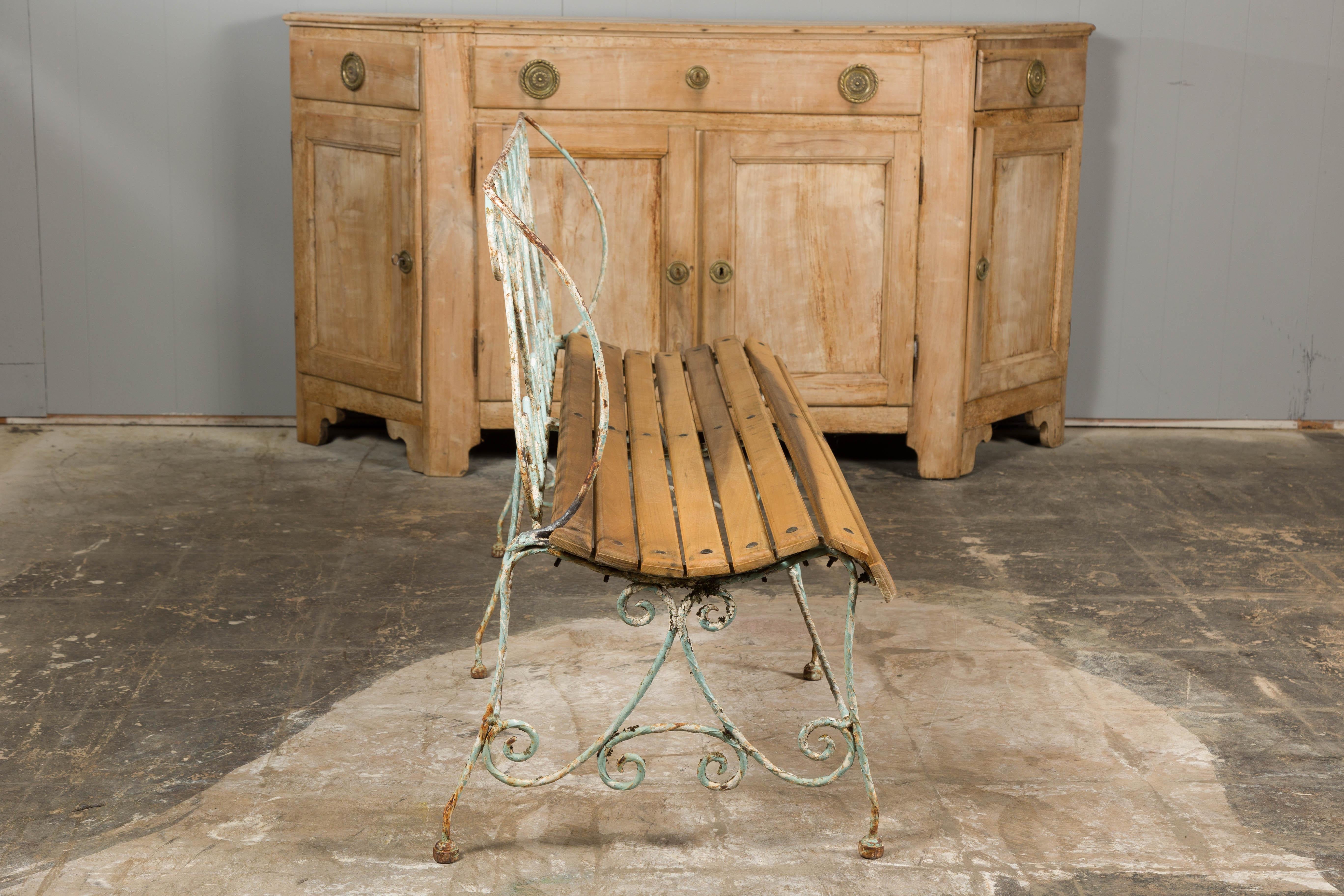 1920s French Rustic Iron Garden Bench with Scrolling Motifs and Slatted Seat For Sale 8
