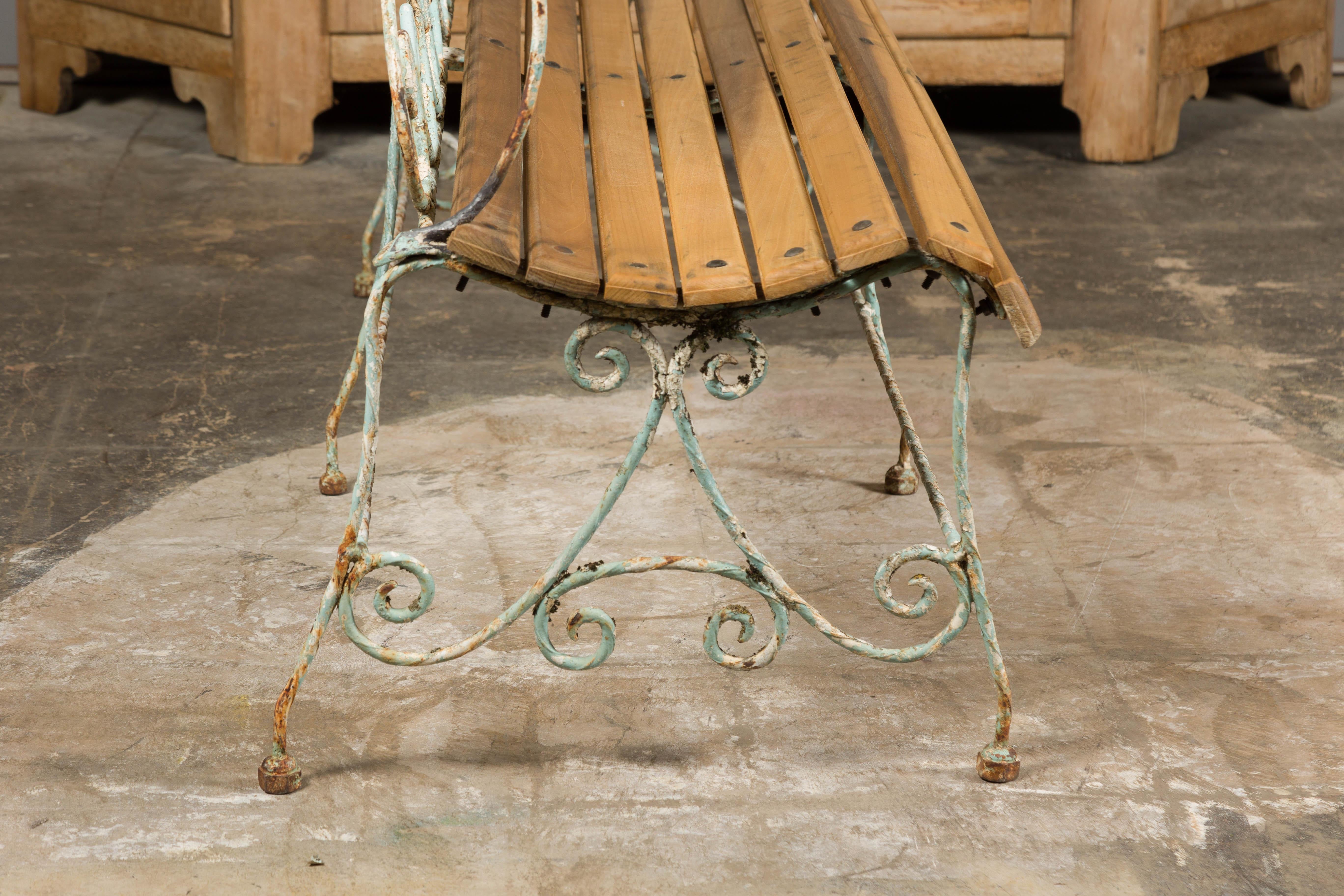 1920s French Rustic Iron Garden Bench with Scrolling Motifs and Slatted Seat For Sale 9