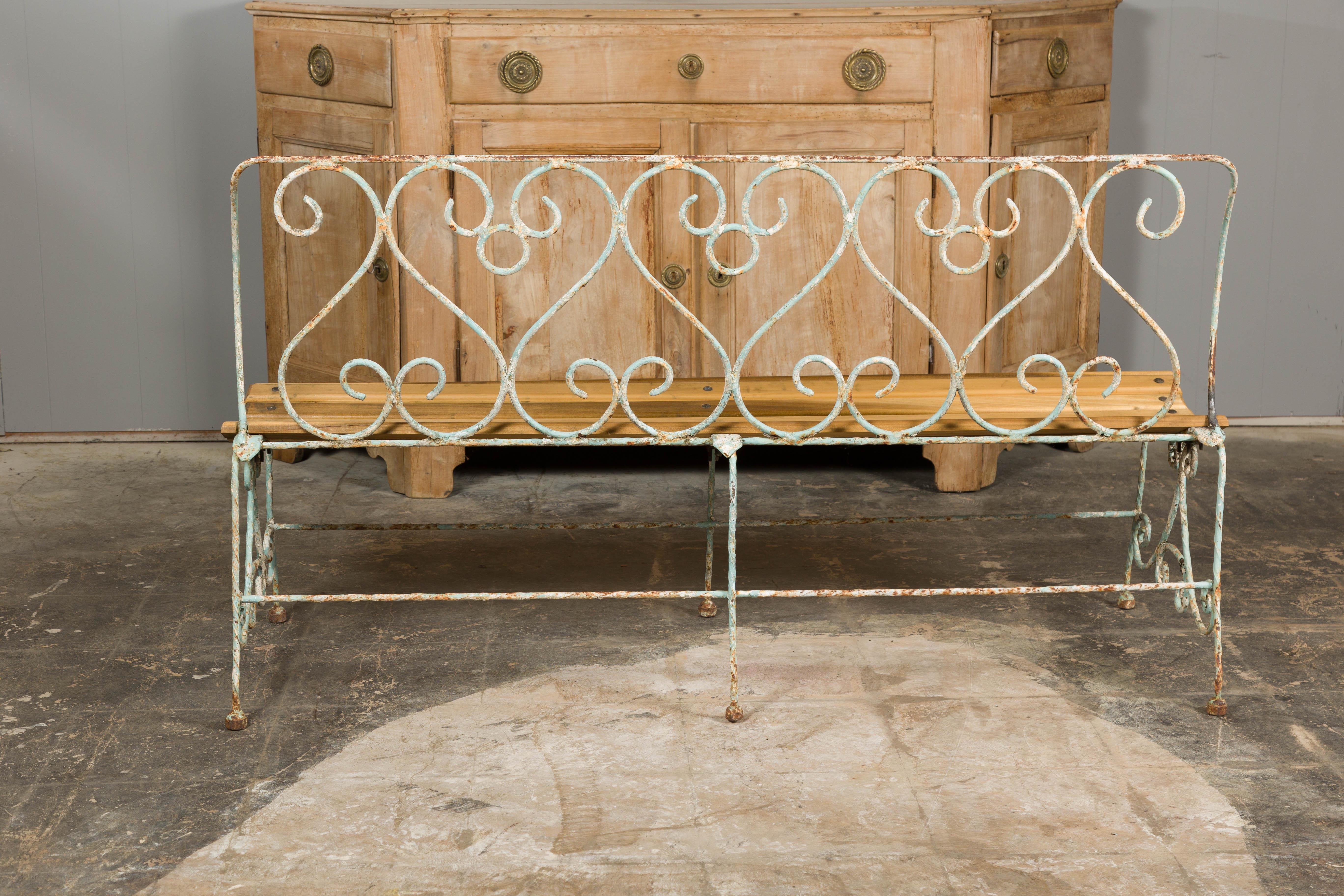 1920s French Rustic Iron Garden Bench with Scrolling Motifs and Slatted Seat For Sale 11