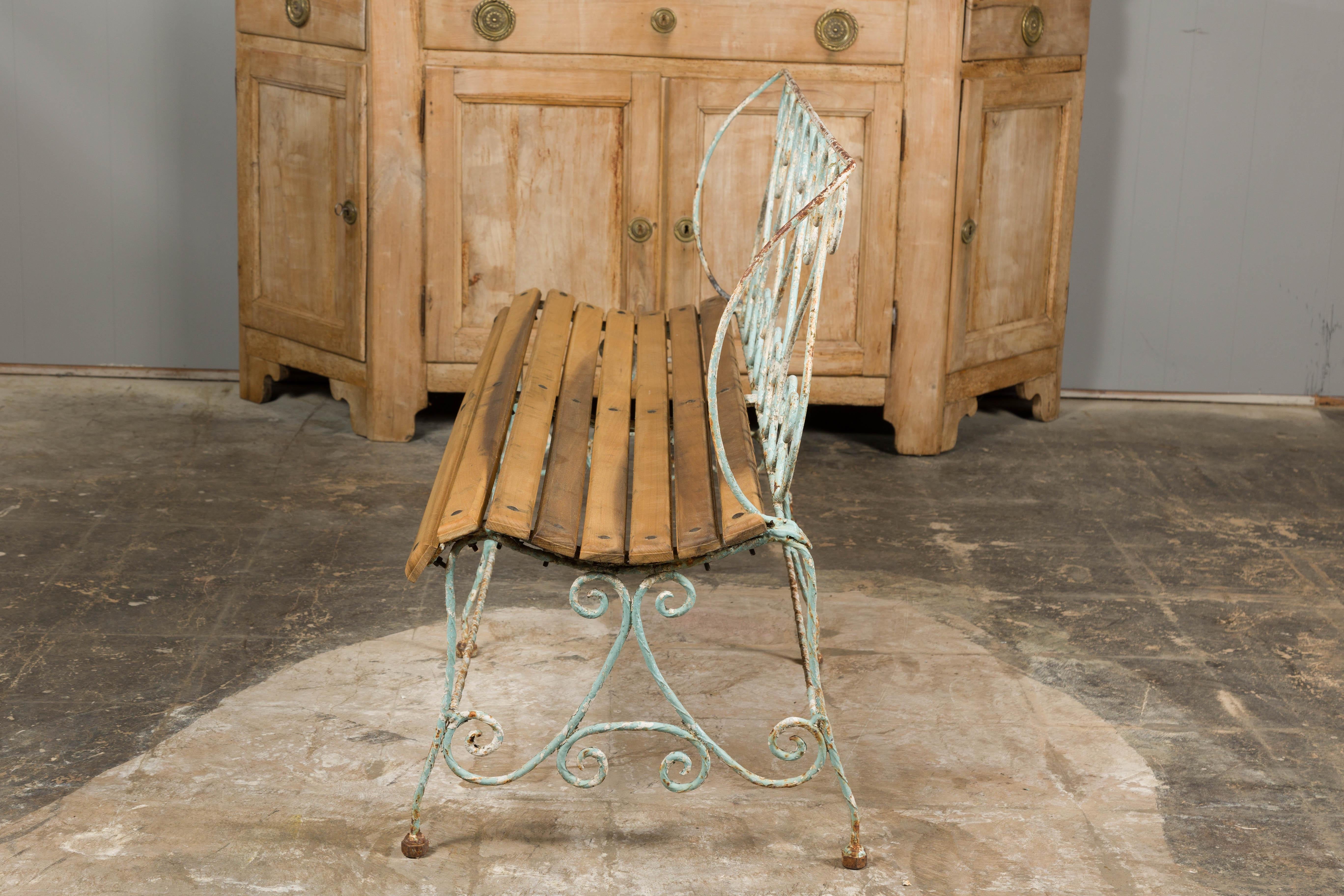 1920s French Rustic Iron Garden Bench with Scrolling Motifs and Slatted Seat For Sale 12