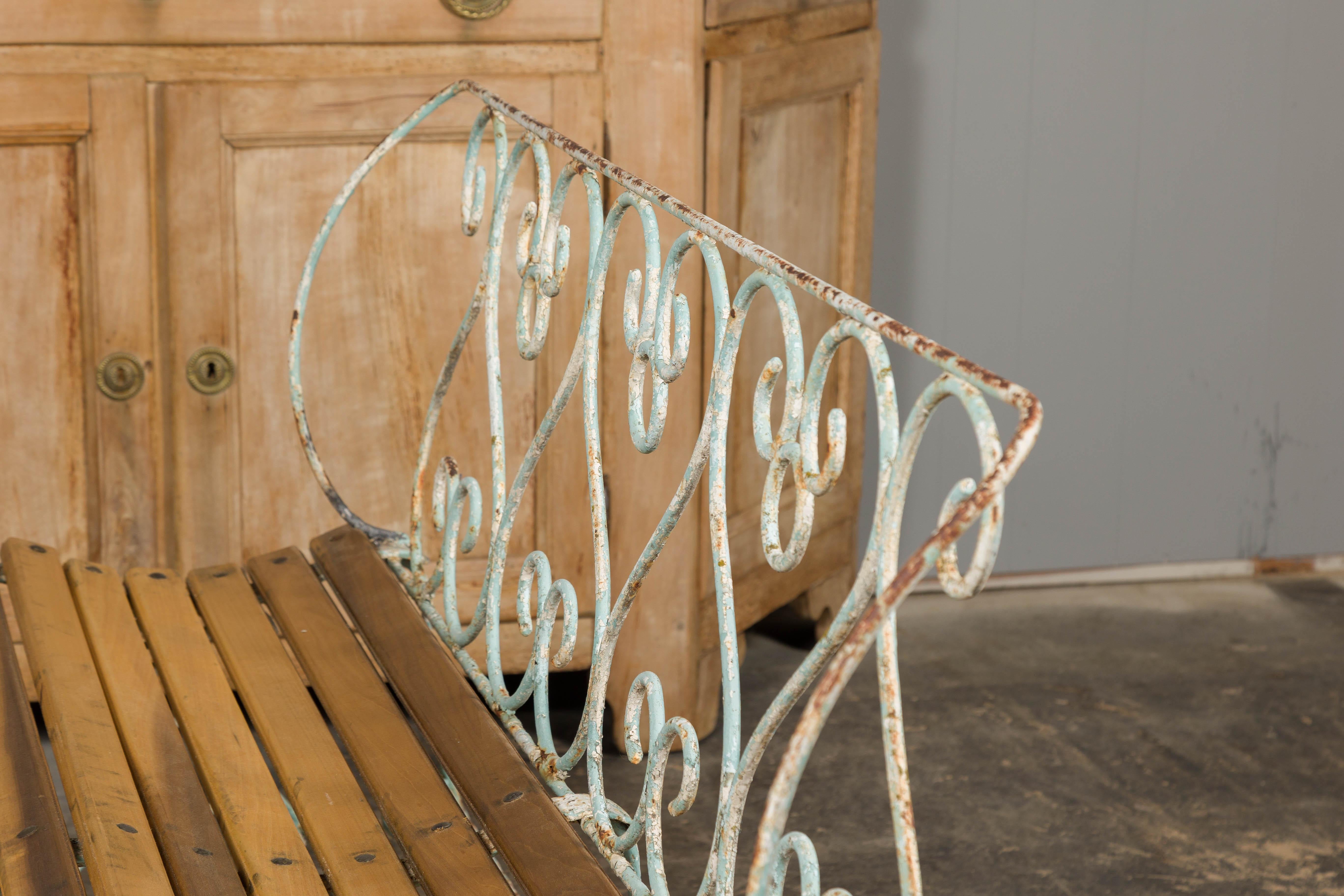 1920s French Rustic Iron Garden Bench with Scrolling Motifs and Slatted Seat For Sale 13