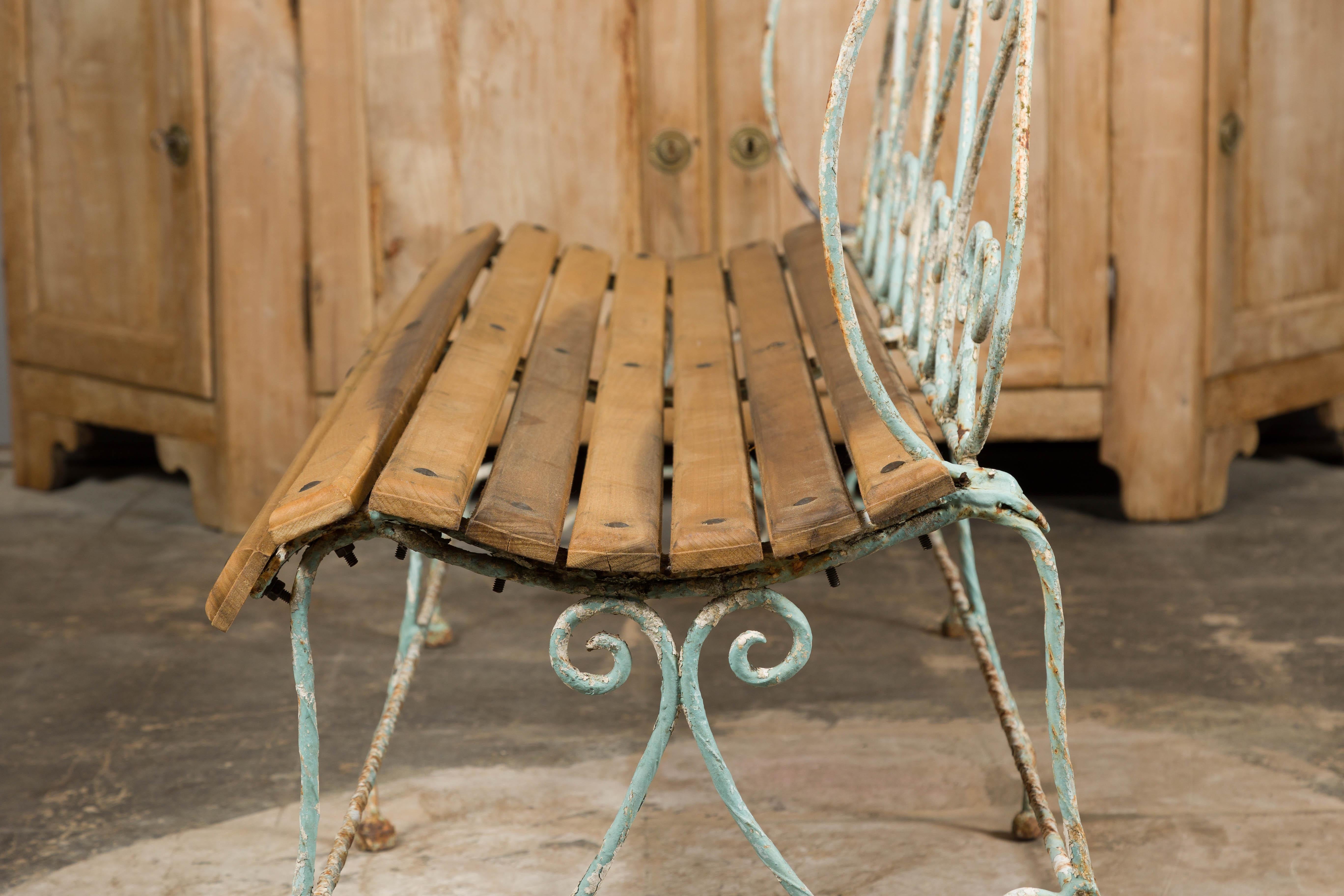 1920s French Rustic Iron Garden Bench with Scrolling Motifs and Slatted Seat For Sale 14