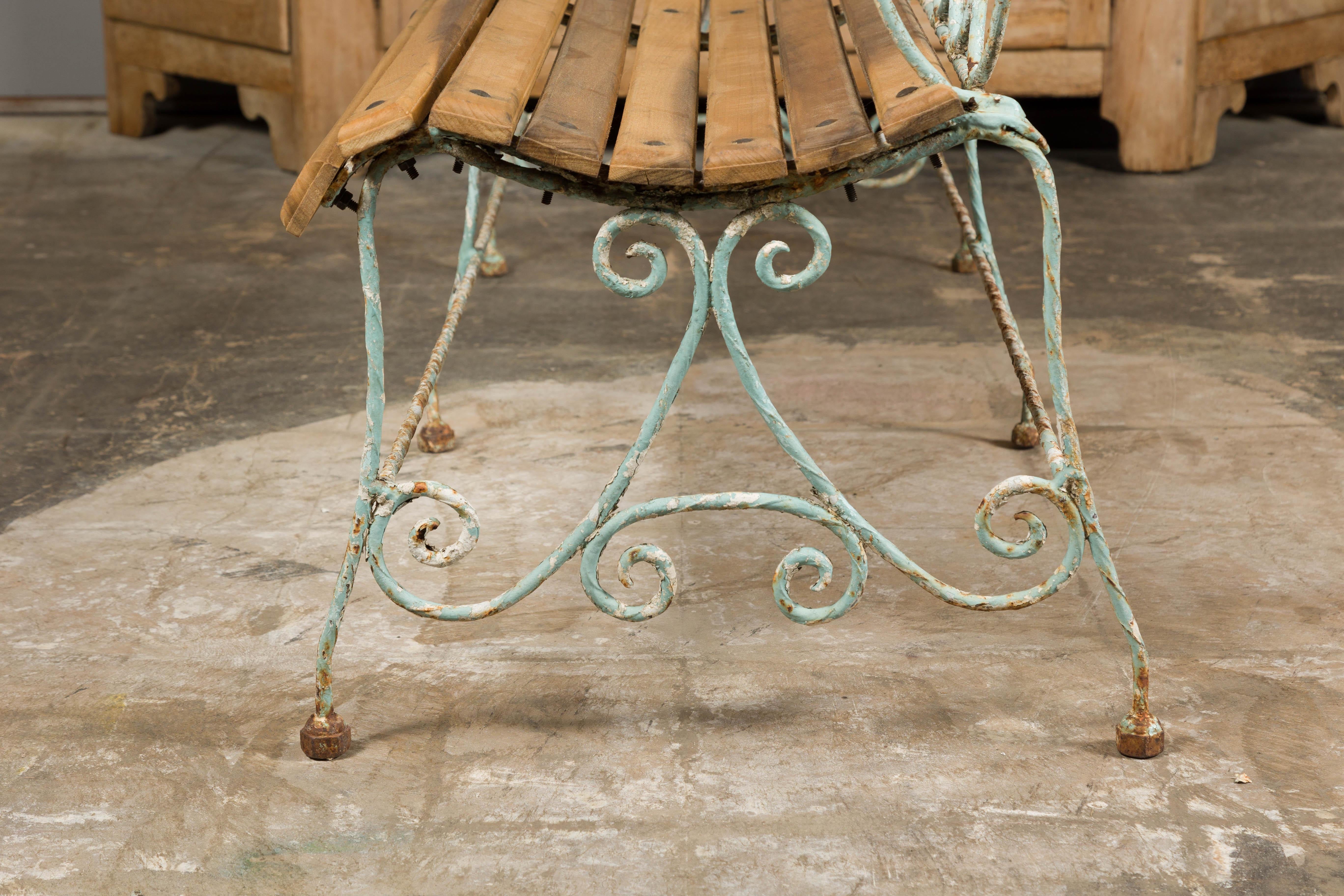 1920s French Rustic Iron Garden Bench with Scrolling Motifs and Slatted Seat For Sale 15