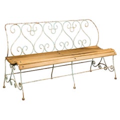 1920s French Rustic Iron Garden Bench with Scrolling Motifs and Slatted Seat