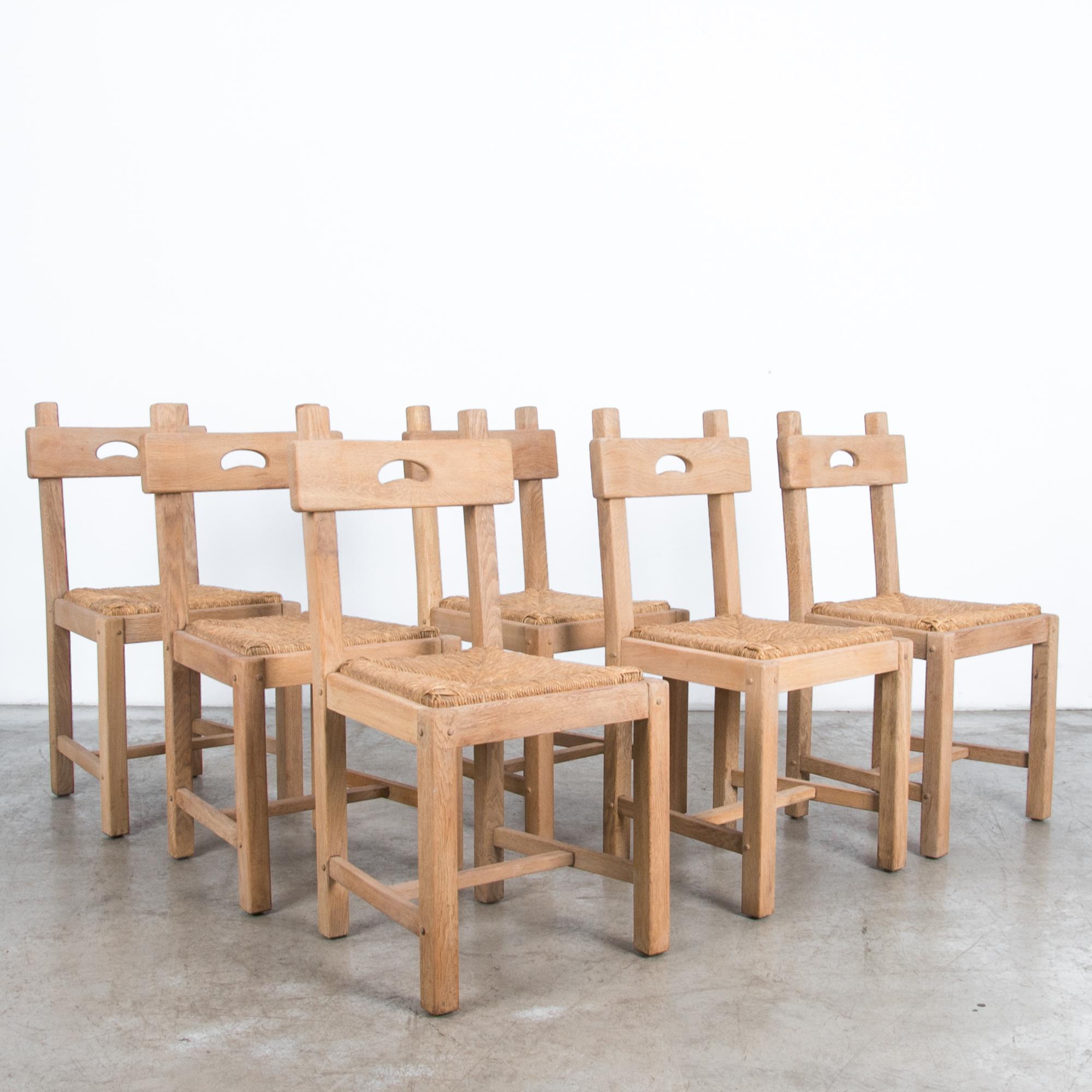 Art Deco 1920s French Rustic Oak Dining Chairs, Set of Six