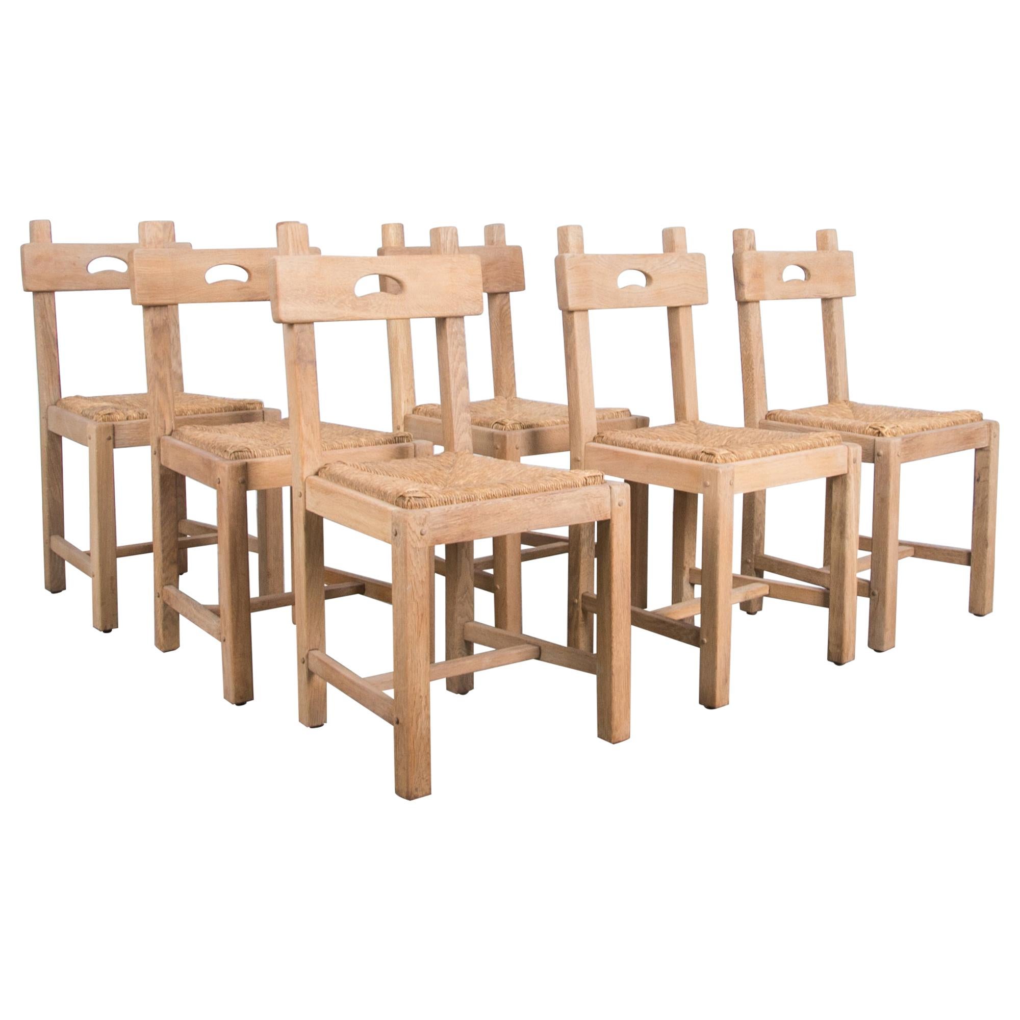 1920s French Rustic Oak Dining Chairs, Set of Six