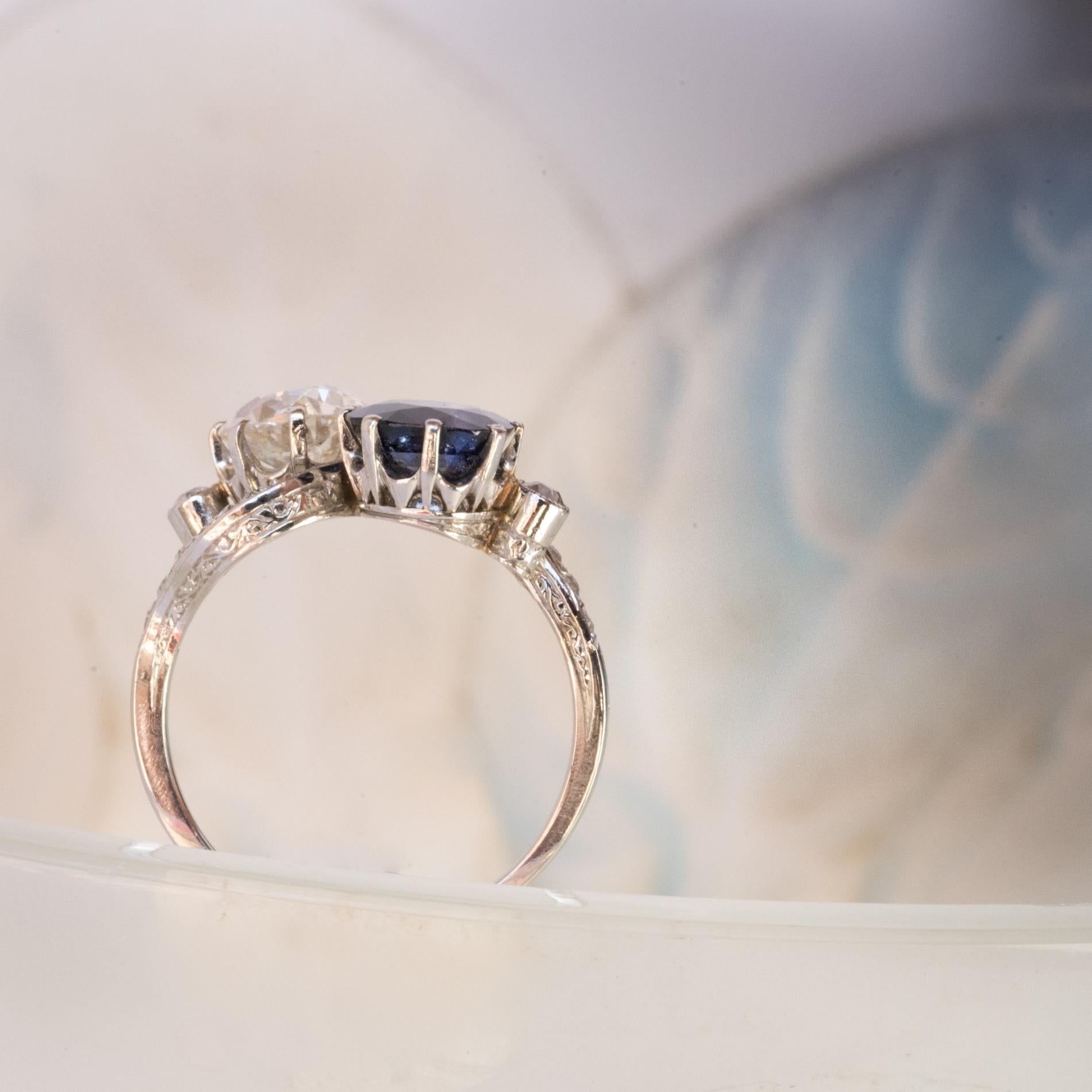 1920s French Sapphire Diamond Gold Toi et Moi Ring 1