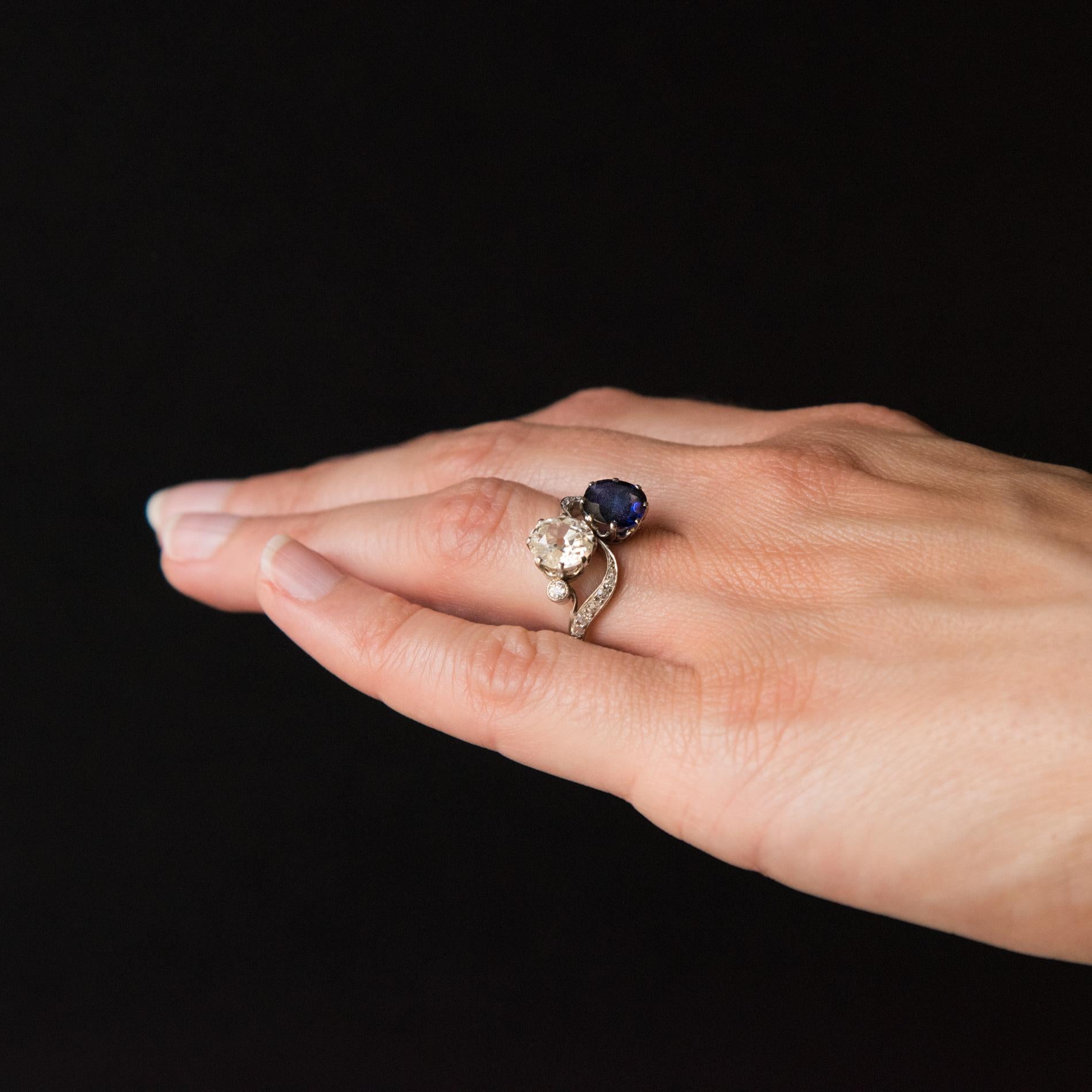 1920s French Sapphire Diamond Gold Toi et Moi Ring 3