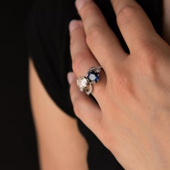 1920s French Sapphire Diamond Gold Toi et Moi Ring