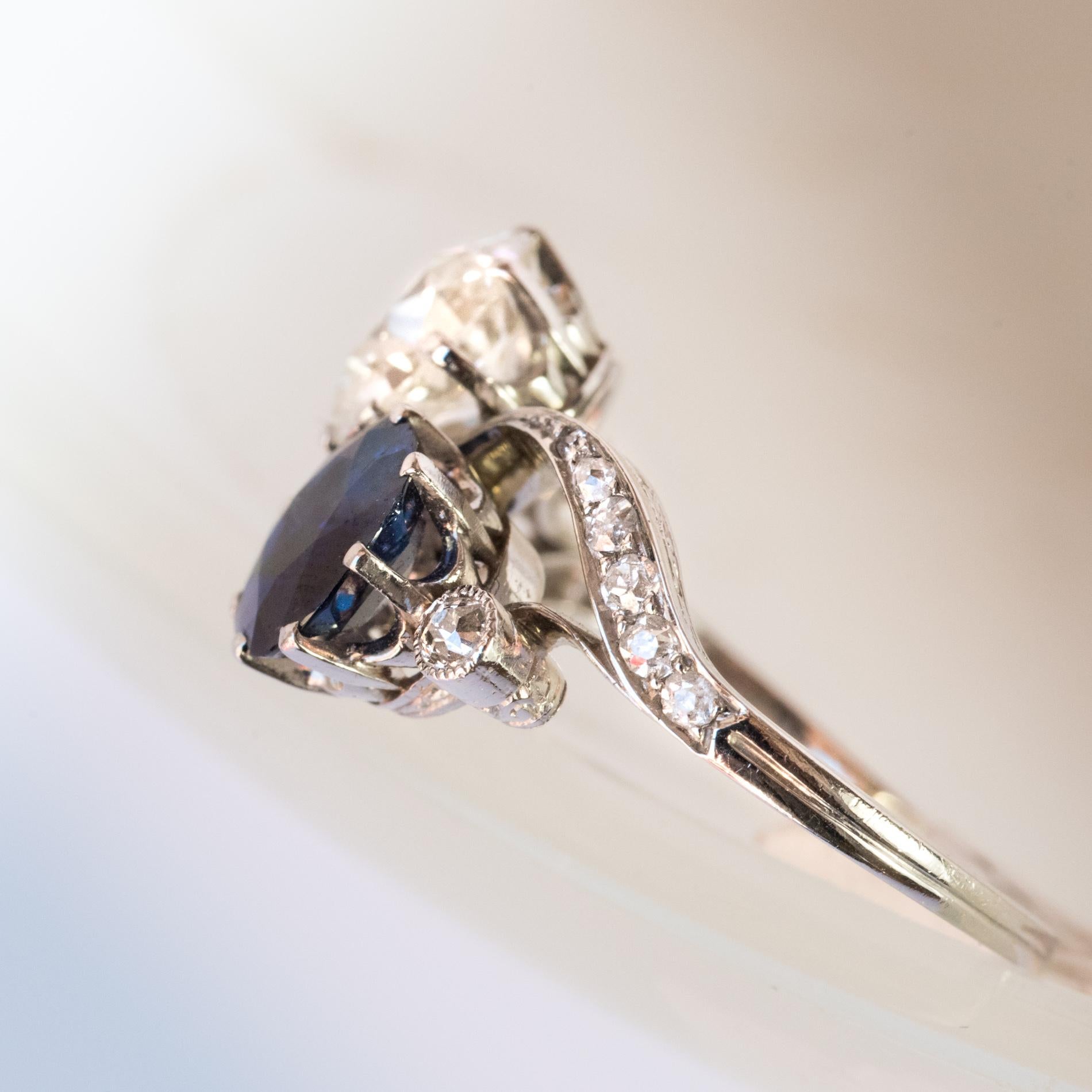 Antique Cushion Cut 1920s French Sapphire Diamond Gold Toi et Moi Ring