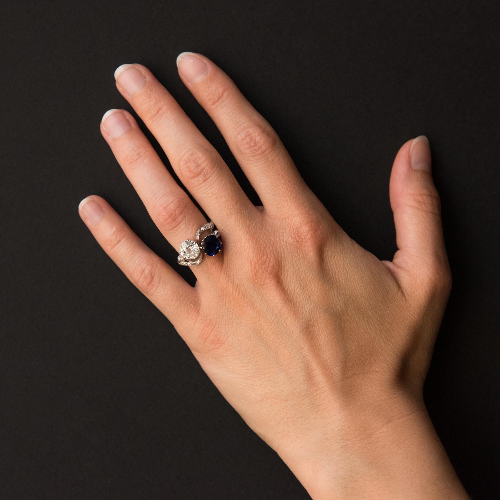 Women's 1920s French Sapphire Diamond Gold Toi et Moi Ring