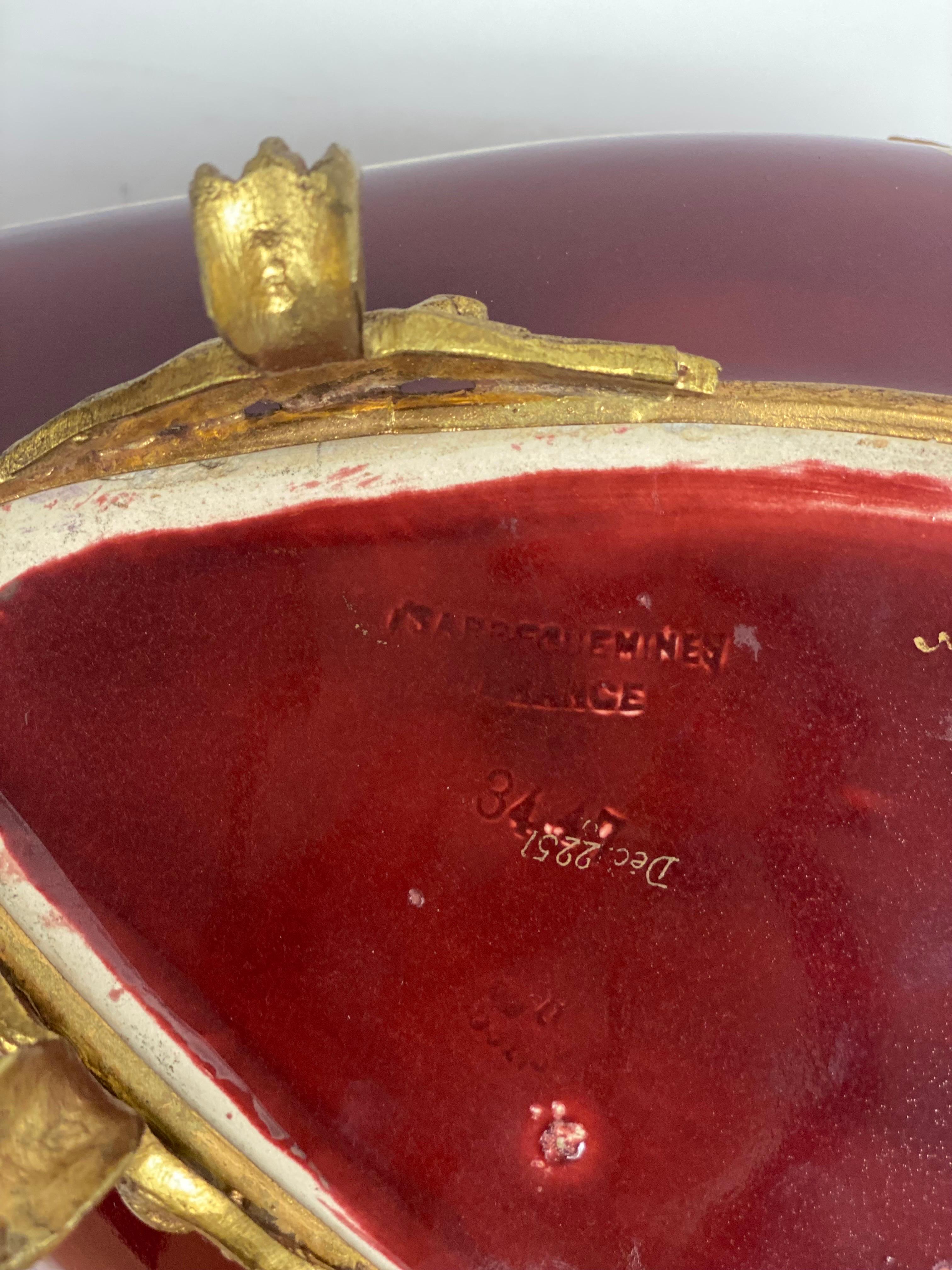 1920s French Sarreguemines Red Majolica Bronze Ormolu Jardiniere Bowl For Sale 5