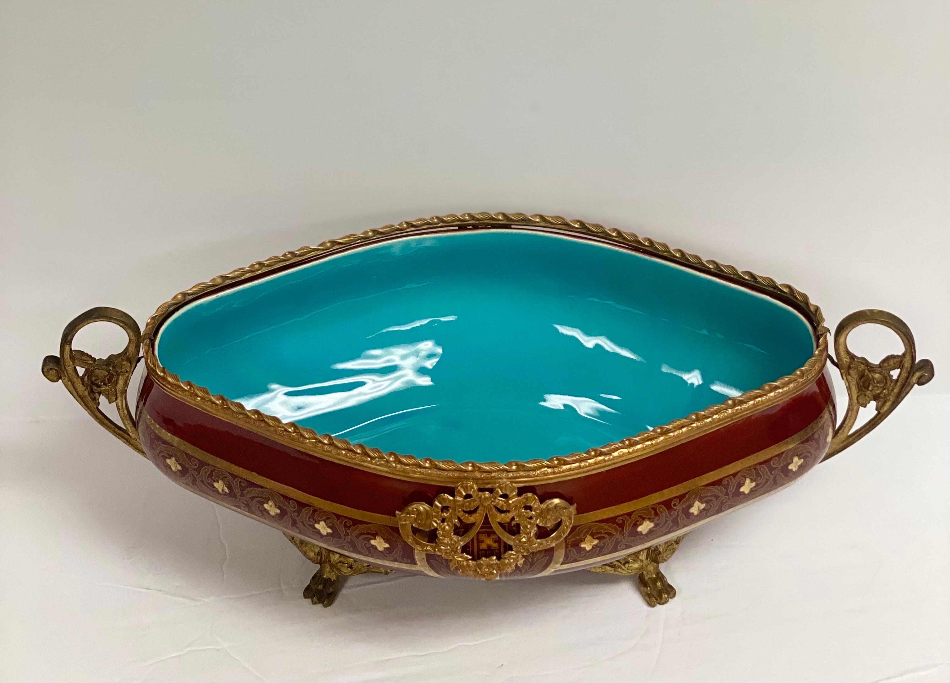 Neoclassical 1920s French Sarreguemines Red Majolica Bronze Ormolu Jardiniere Bowl For Sale