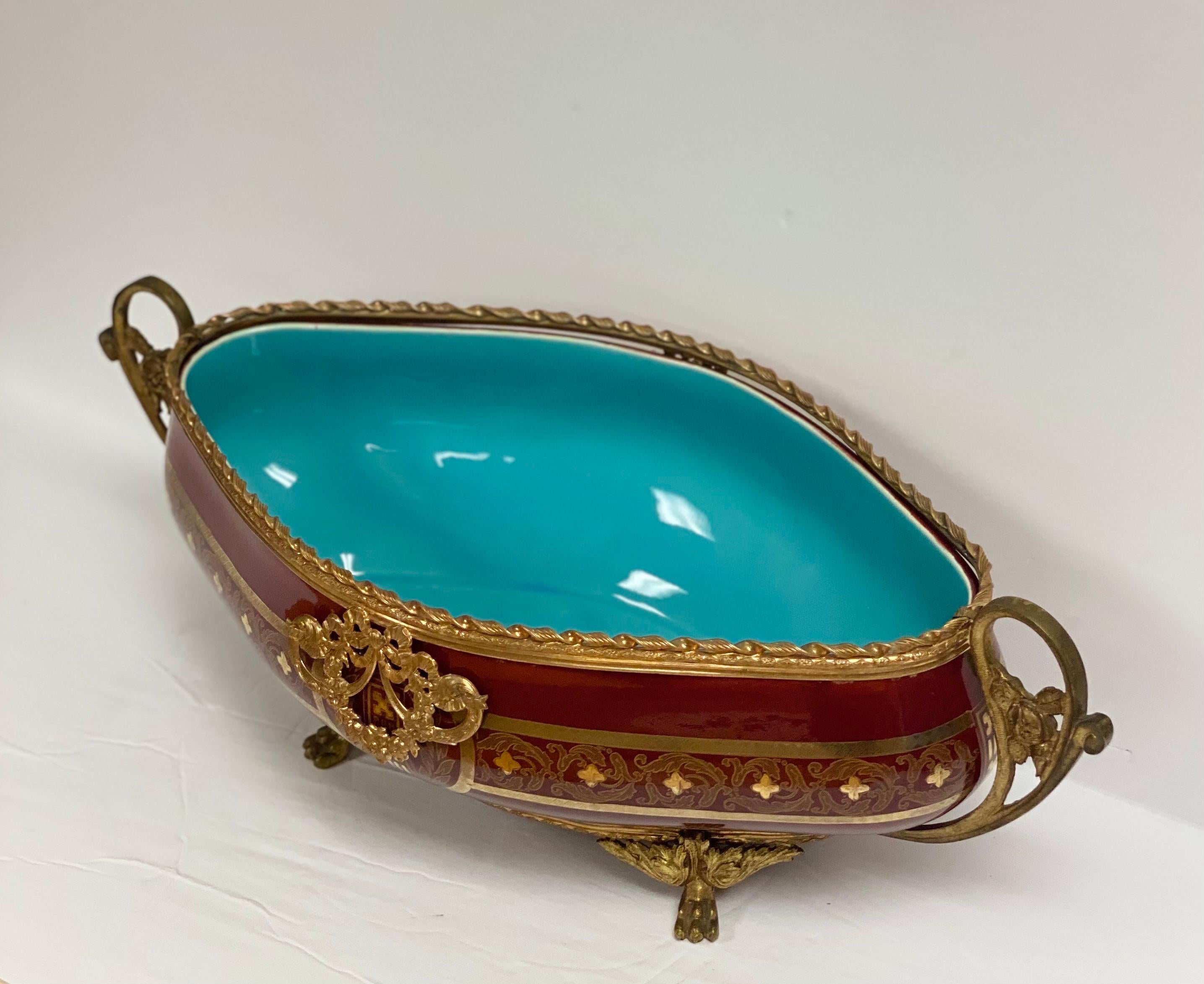 Early 20th Century 1920s French Sarreguemines Red Majolica Bronze Ormolu Jardiniere Bowl For Sale