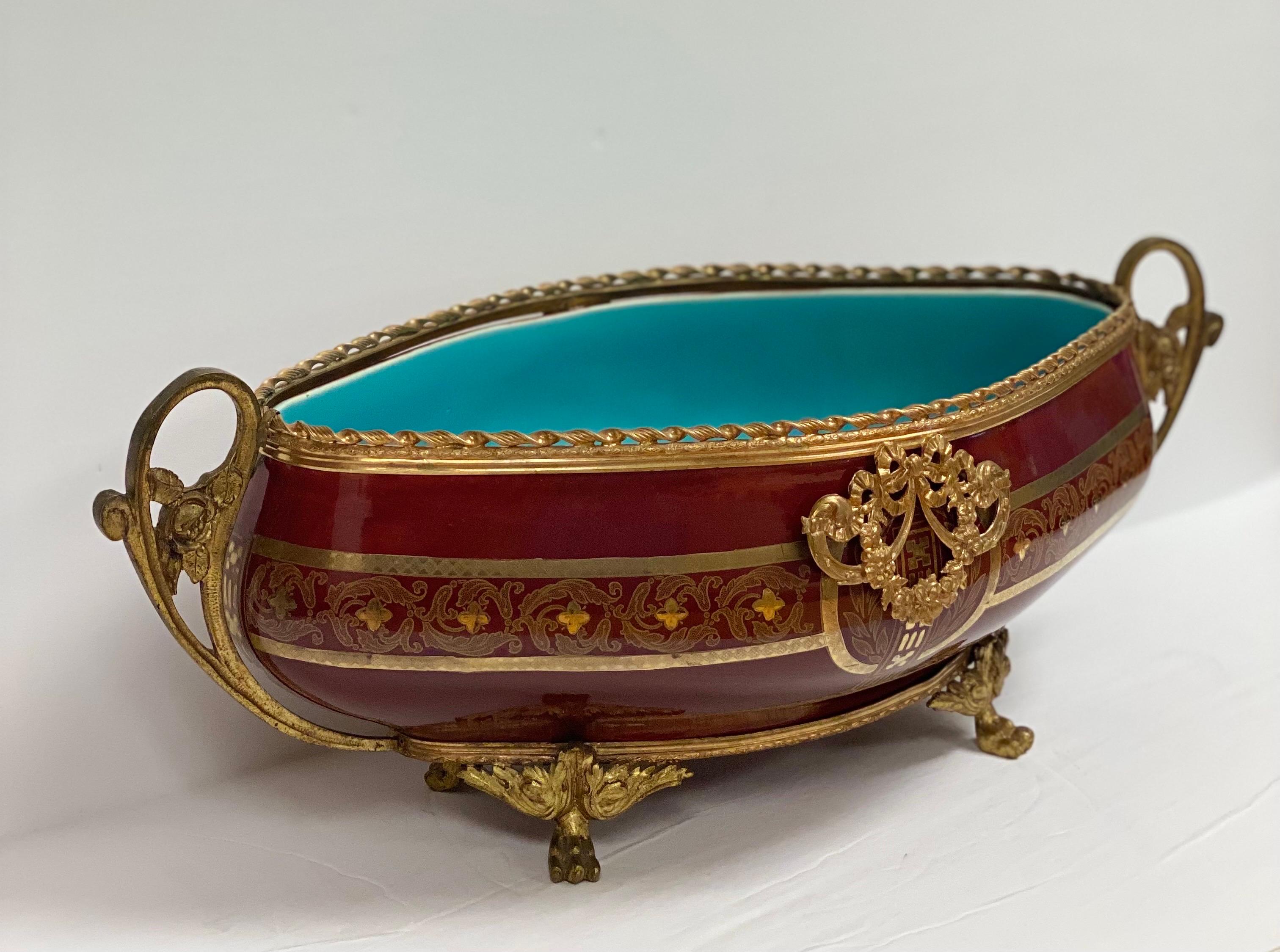 1920s French Sarreguemines Red Majolica Bronze Ormolu Jardiniere Bowl For Sale 1