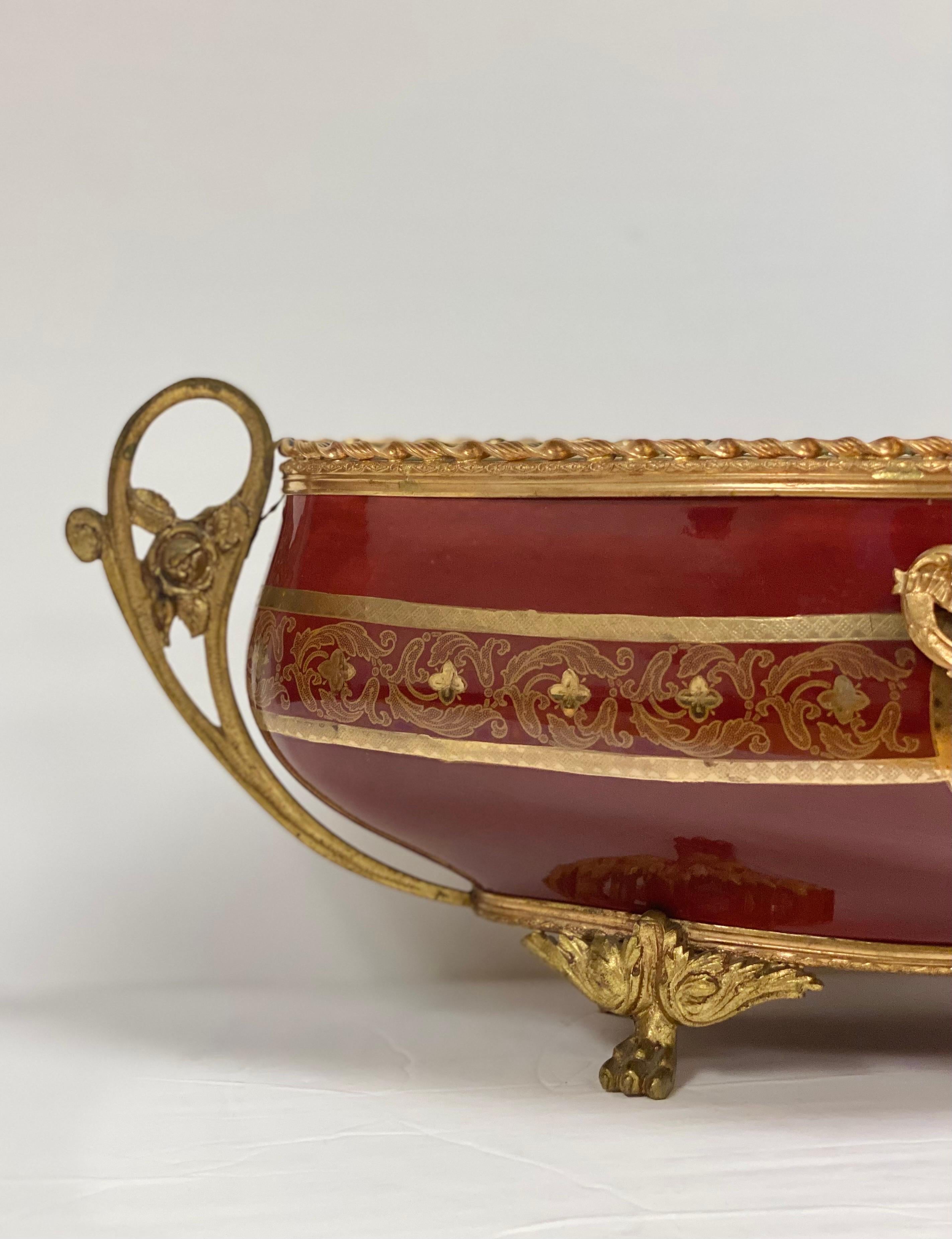 1920s French Sarreguemines Red Majolica Bronze Ormolu Jardiniere Bowl For Sale 3