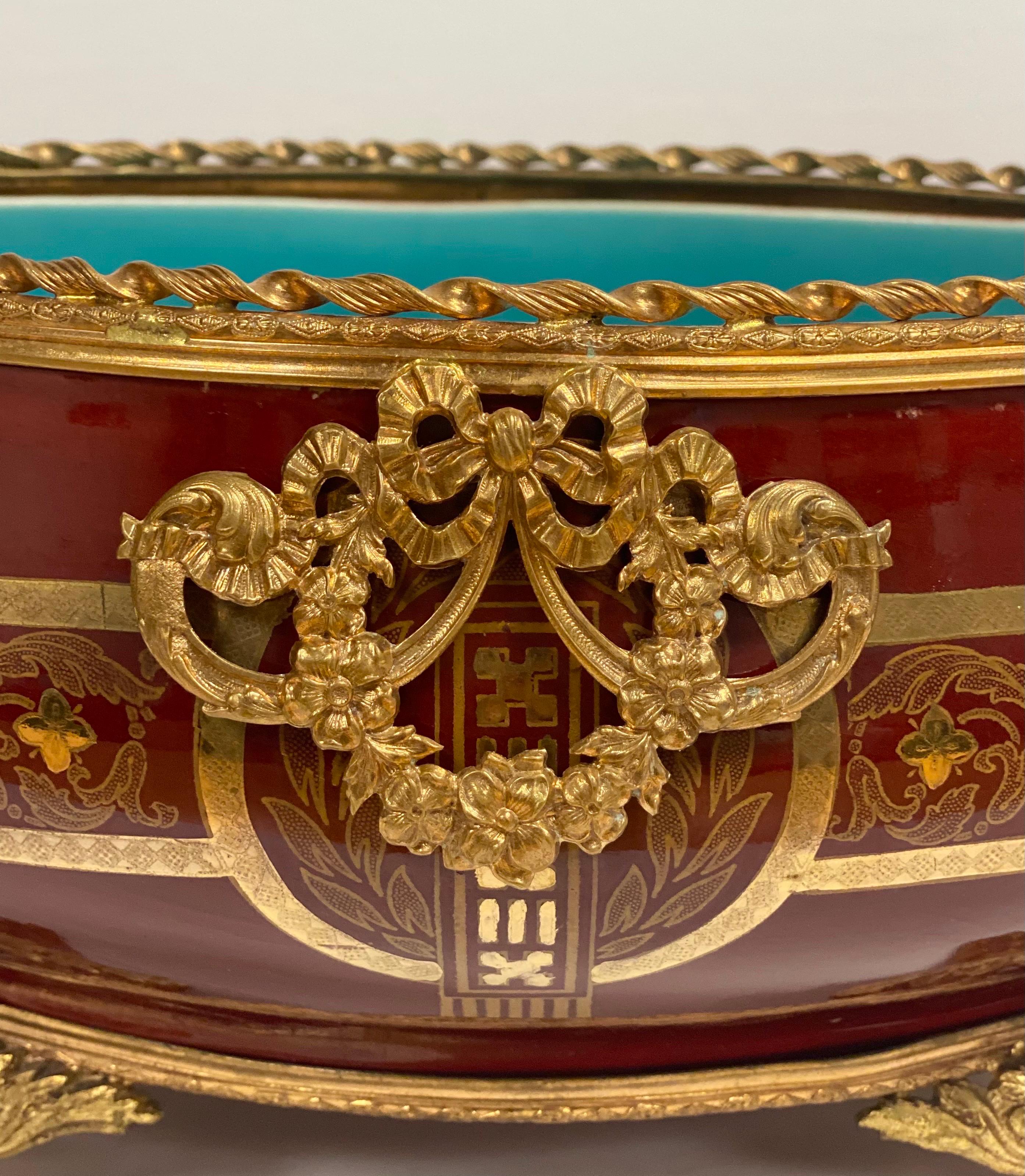 1920s French Sarreguemines Red Majolica Bronze Ormolu Jardiniere Bowl For Sale 4