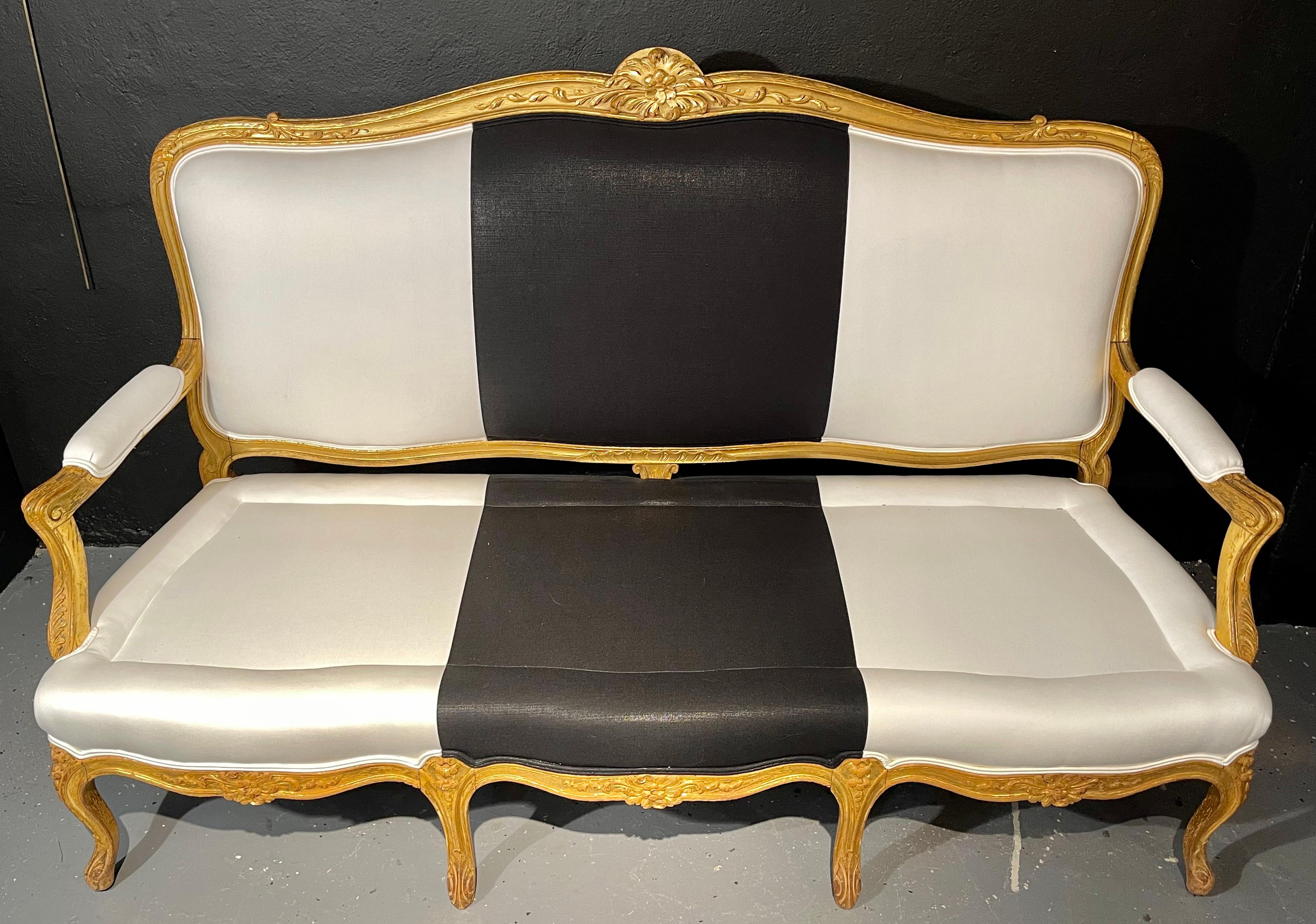 1920s French Settee, Sofa or Canape One of Two in Gilt Wood Polished Cotton In Good Condition For Sale In Stamford, CT