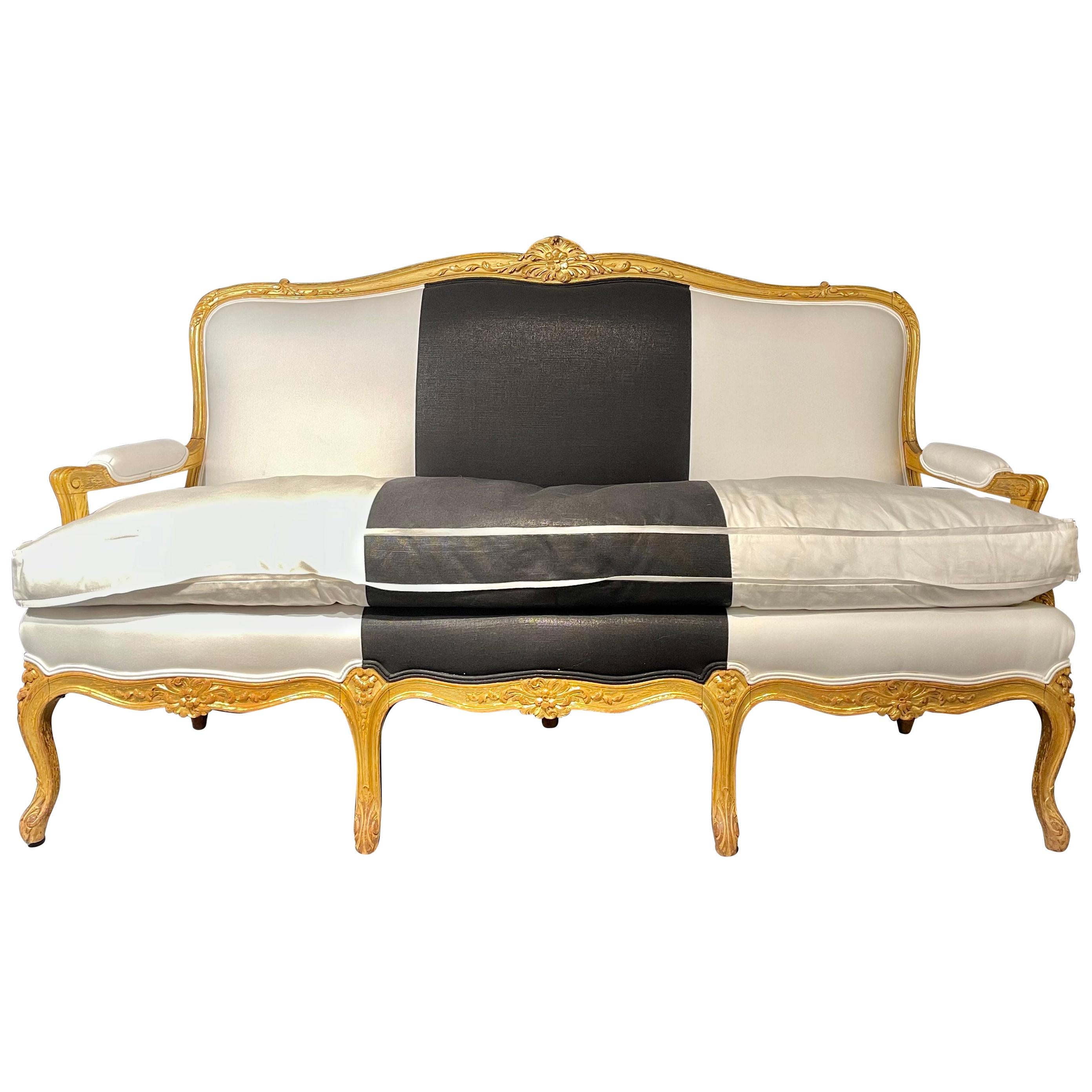1920s French Settee, Sofa or Canape One of Two in Gilt Wood Polished Cotton For Sale