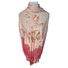 1920s French Silk HandEmbroidered RoseFlowers Tasseled Fringe Ombre Shawl