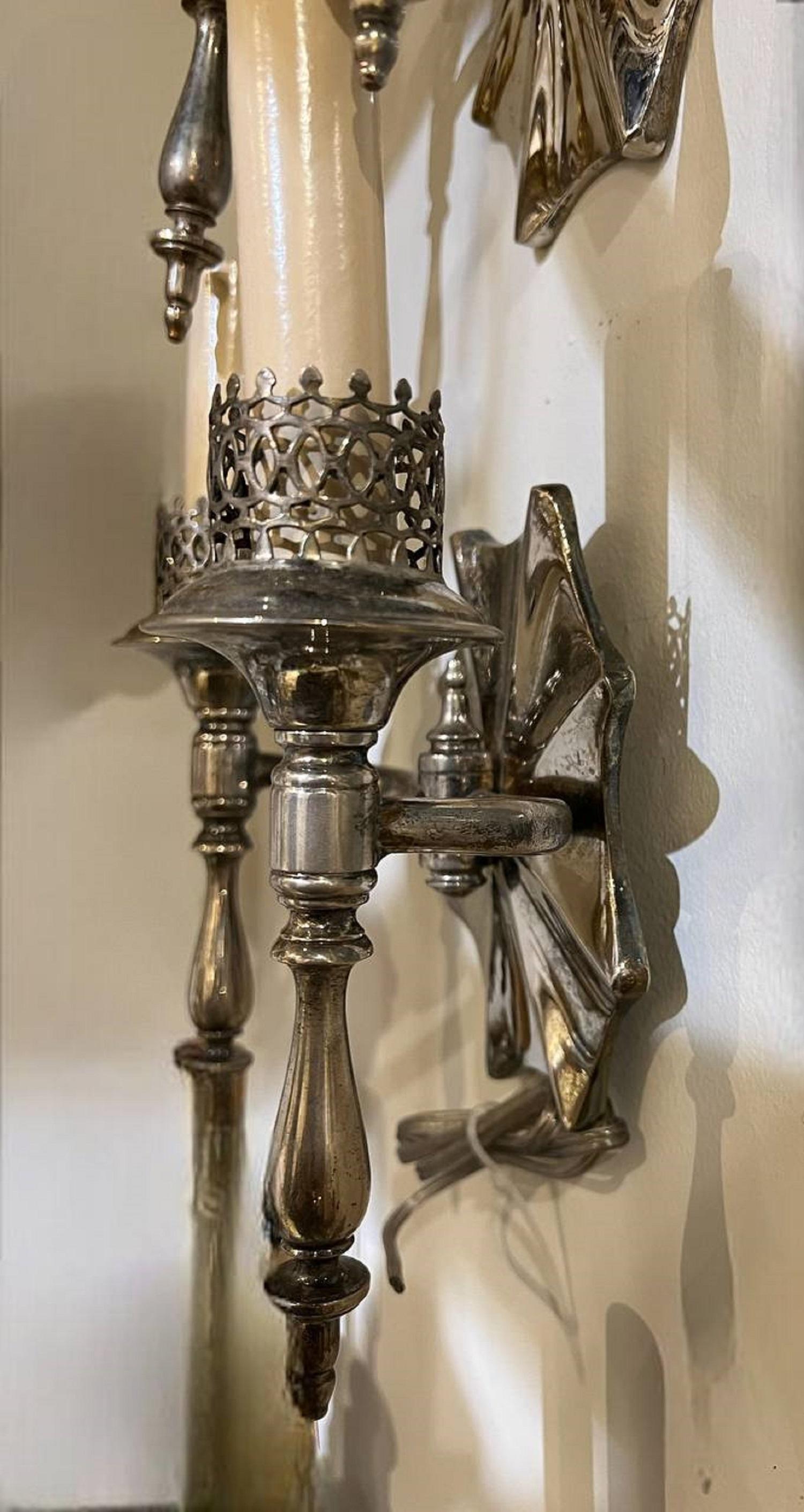 1920's Small French Silver Plated Sconces with 2 Lights In Good Condition For Sale In New York, NY