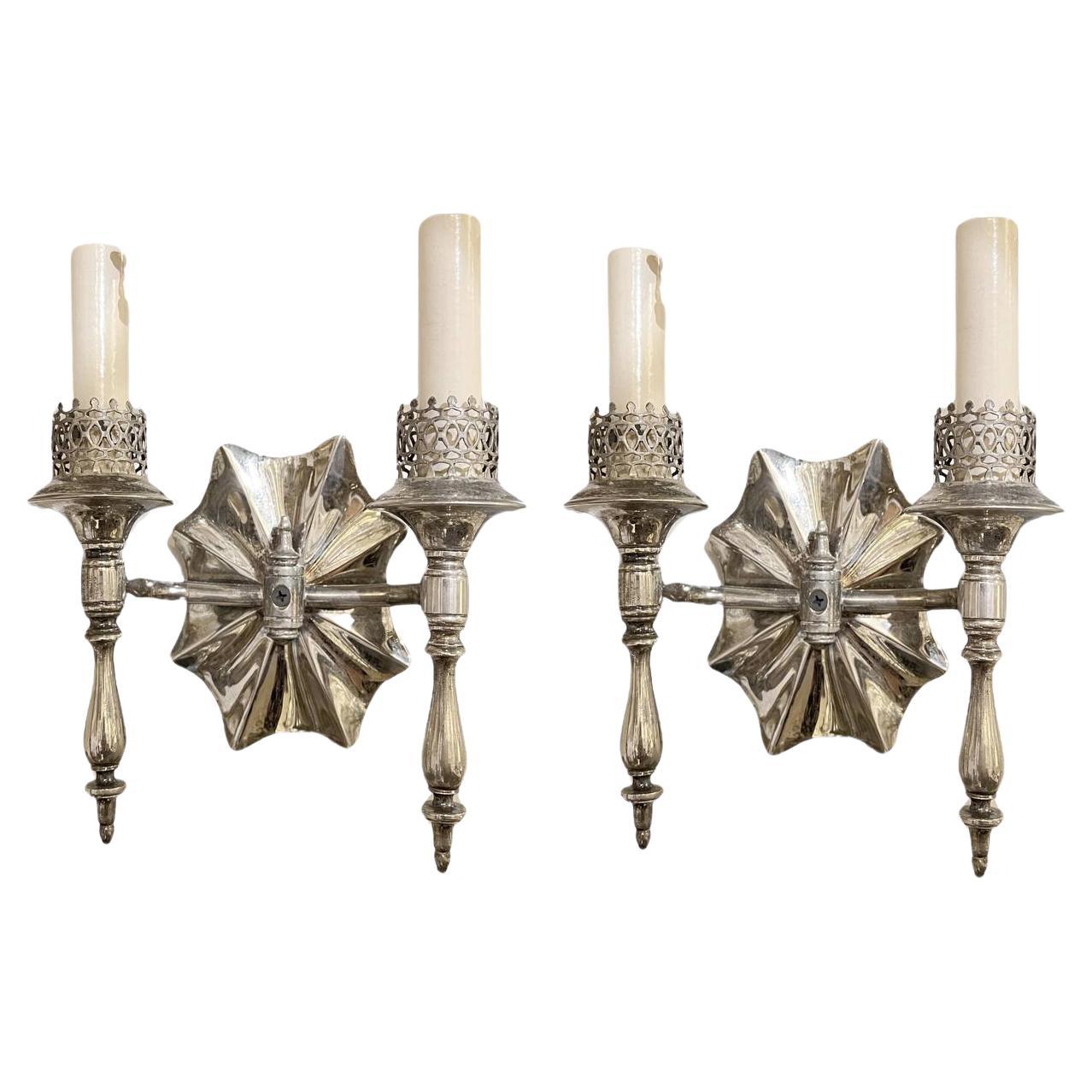 1920's Small French Silver Plated Sconces with 2 Lights For Sale