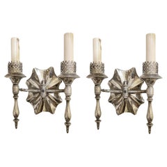 Antique 1920's Small French Silver Plated Sconces with 2 Lights