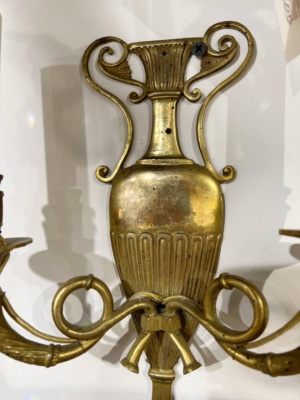 Gilt 1920's French Bronze Small Urn Shape Sconces For Sale