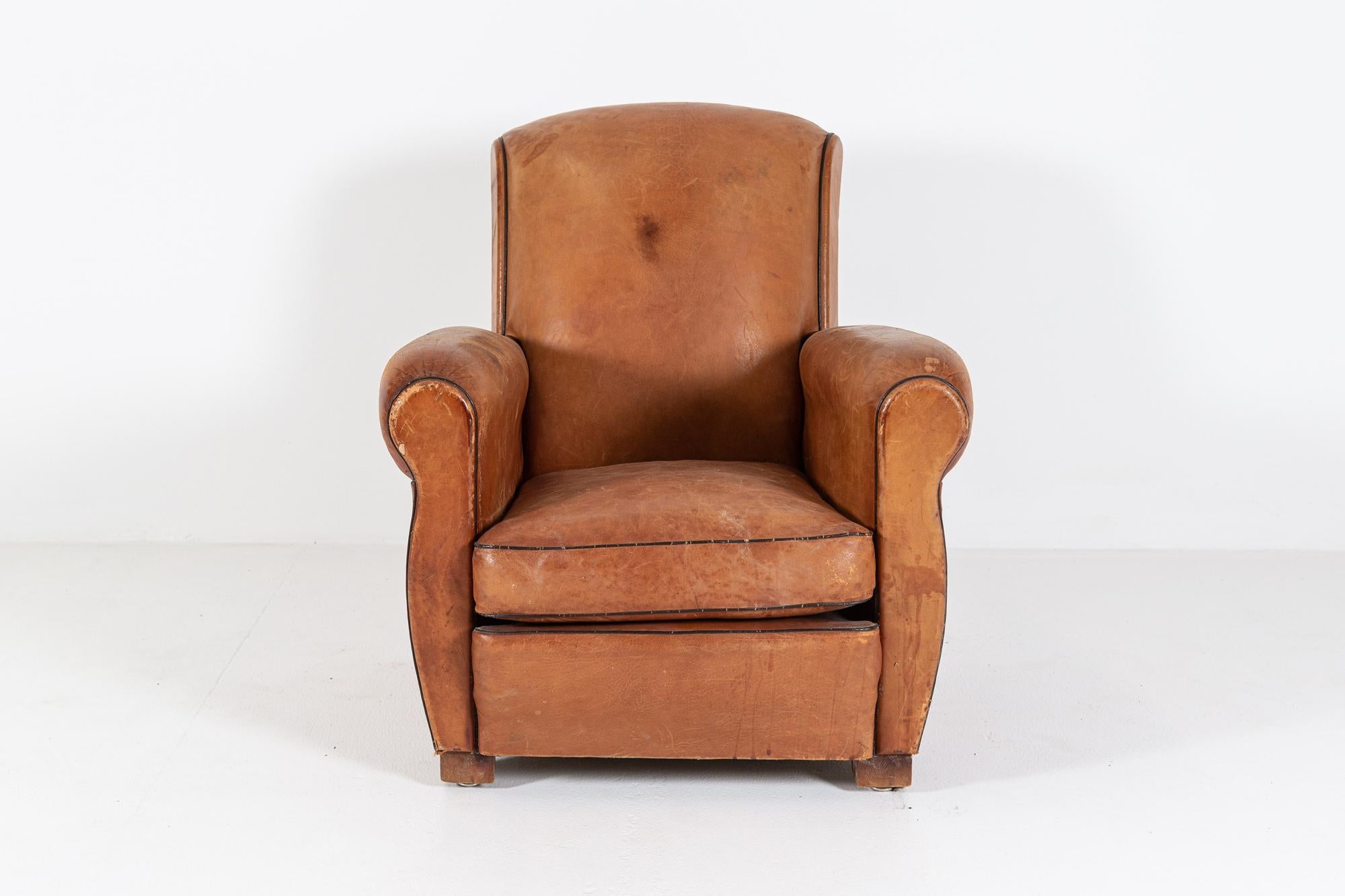 1920's French Tan Leather Club Armchair In Good Condition In Staffordshire, GB