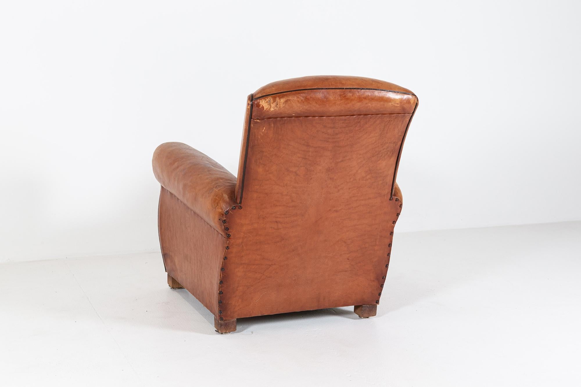 1920's French Tan Leather Club Armchair 1