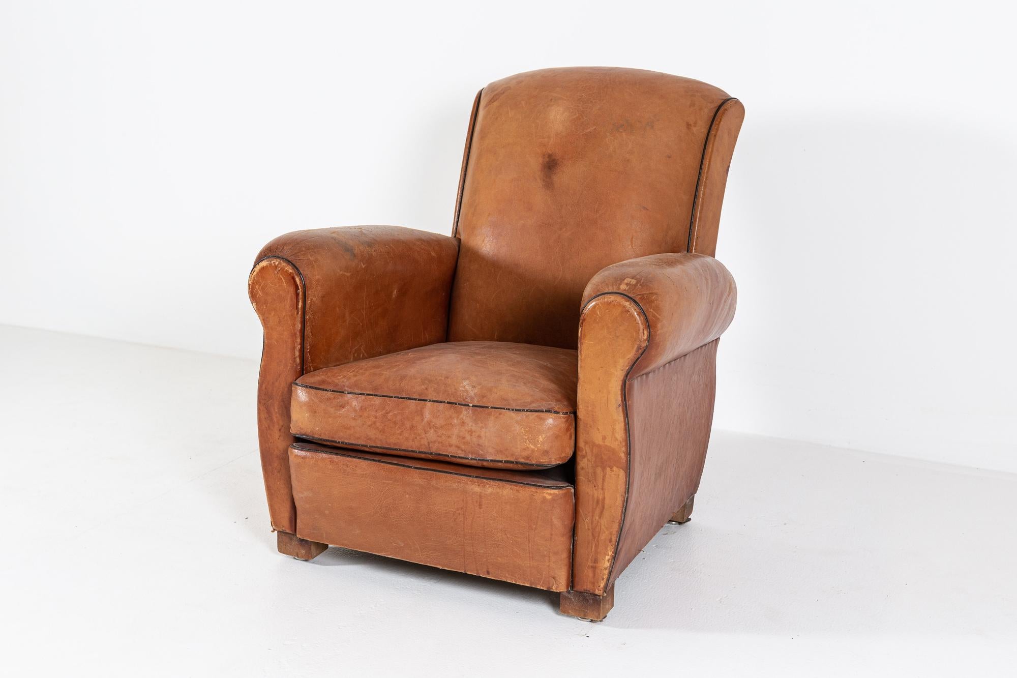 1920's French Tan Leather Club Armchair 2