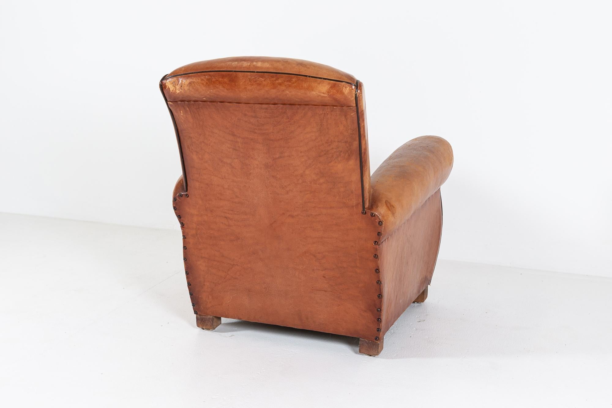 1920's French Tan Leather Club Armchair 3