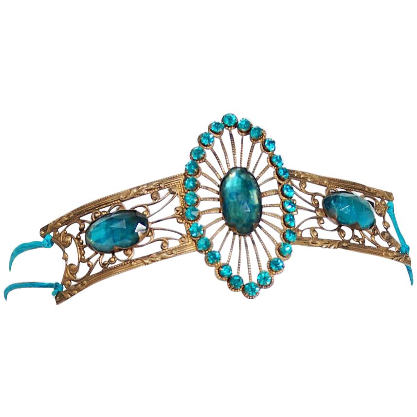 1920's French Teal Blue Jeweled Gold Brass Art-Deco Flapper Headpiece