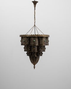 1920s French Tiered Brass Pendant Chandelier with Colored Glass Inserts