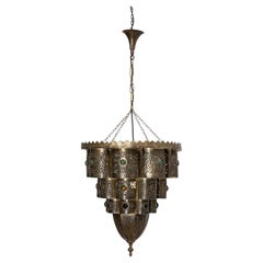 1920s French Tiered Brass Pendant Chandelier with Colored Glass Inserts