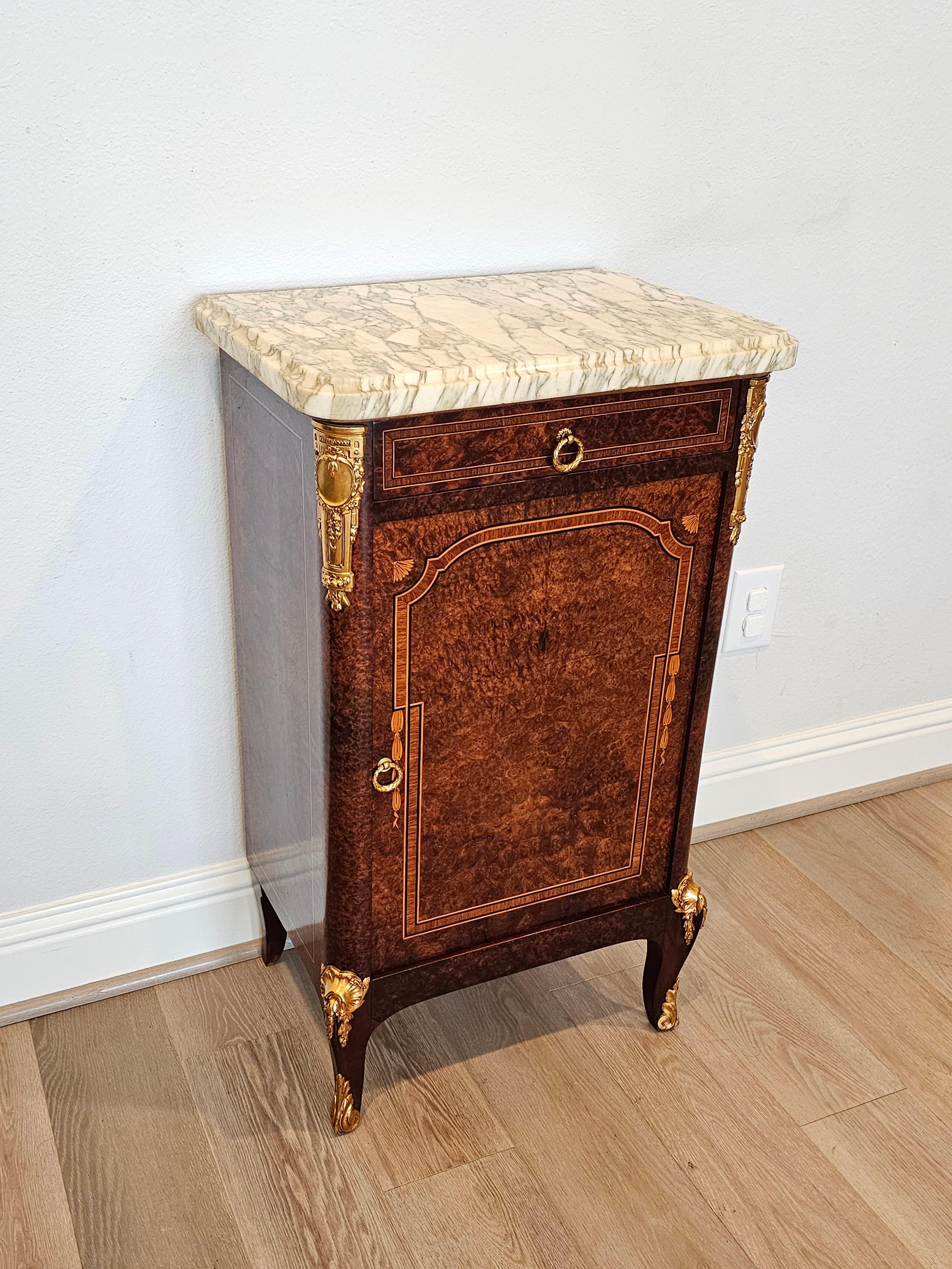 Bronze 1920s French Transitional Burled Amboyna Nightstand  For Sale
