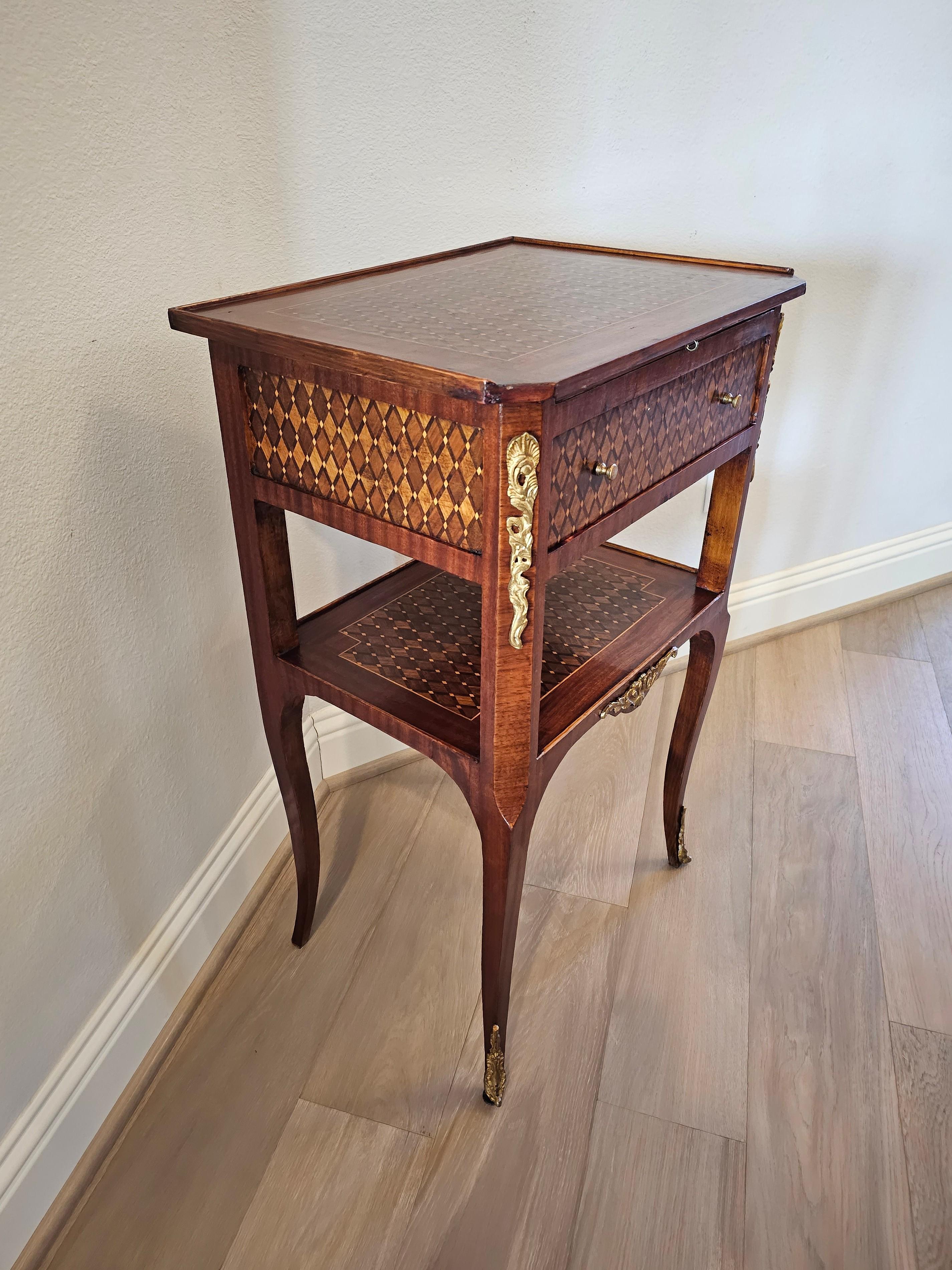 1920s French Transitional Louis XV XVI Style Parquetry Nightstand End Table  In Fair Condition For Sale In Forney, TX