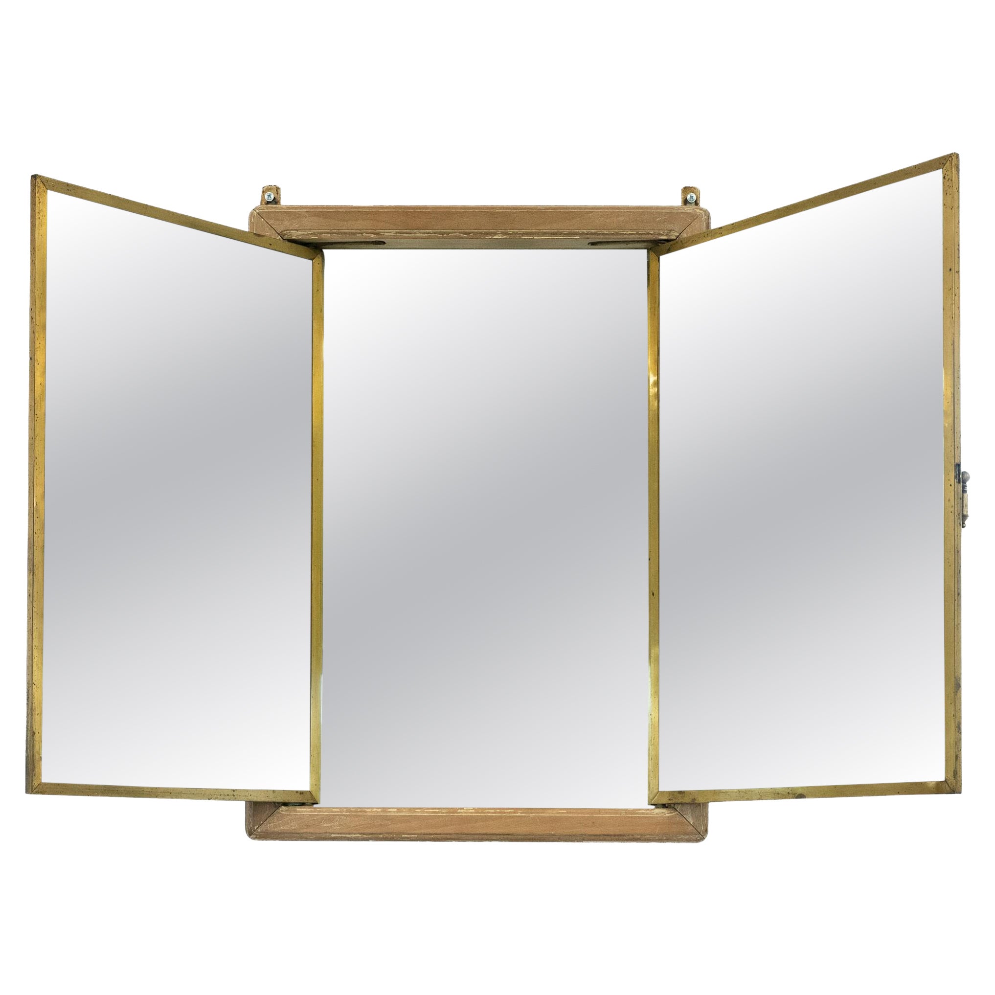 1920’s French Triptych Brot Mirror, Rarer Size Bathroom Mirrror For Sale