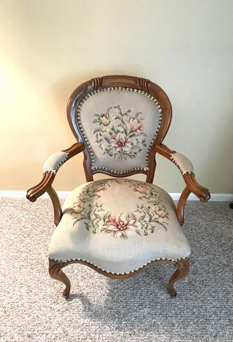 1920s French Walnut Accent Chair with Needlepoint Upholstery For - Main Image